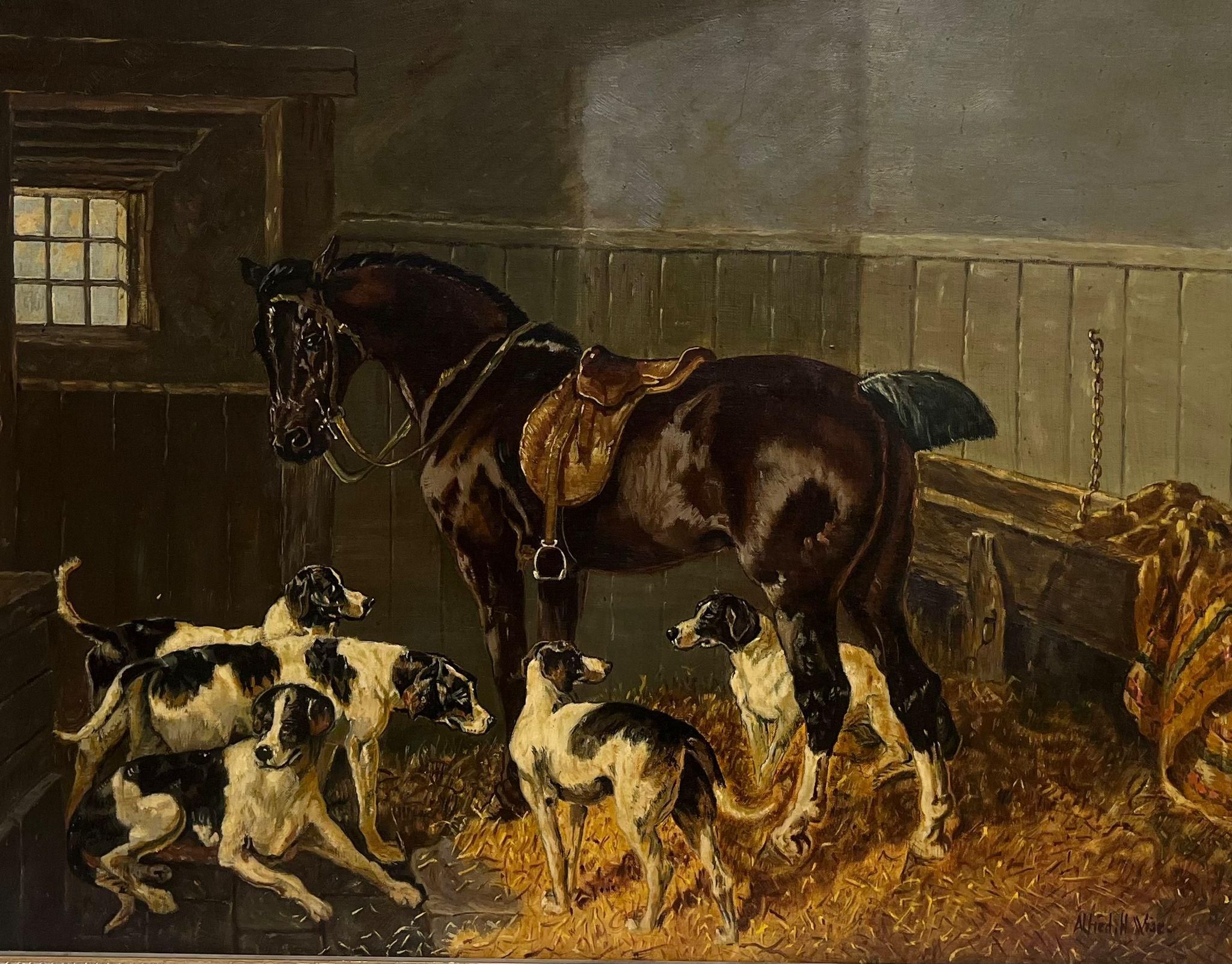 Classic British Sporting Art Oil Painting Horse & Hounds in Stable Interior For Sale 1