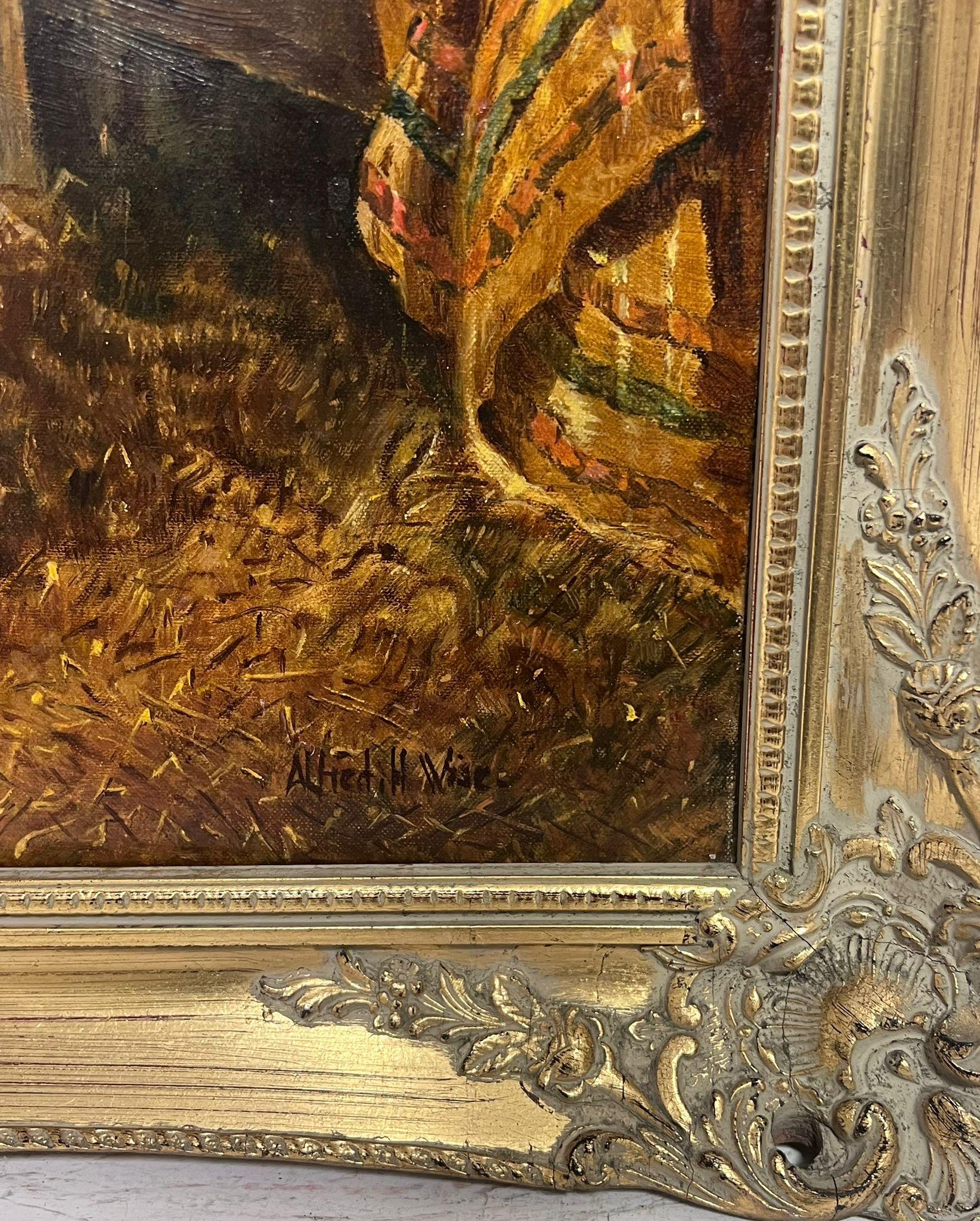 Classico dipinto ad olio di British Sporting Art Cavallo e segugi in un interno di scuderia 2