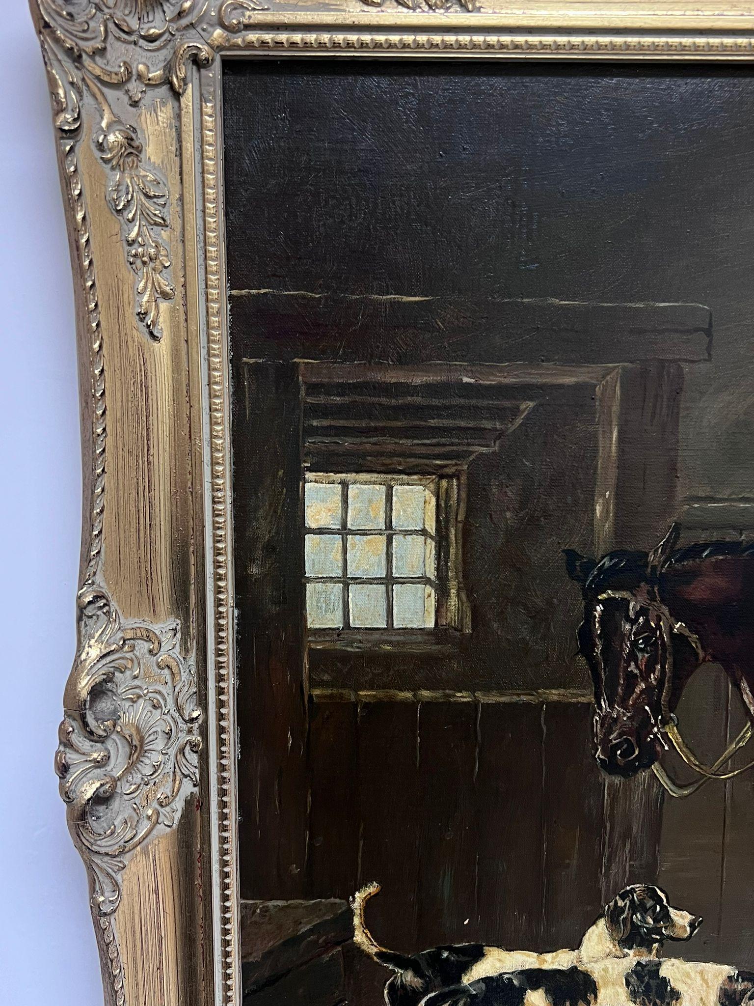 Classico dipinto ad olio di British Sporting Art Cavallo e segugi in un interno di scuderia 3