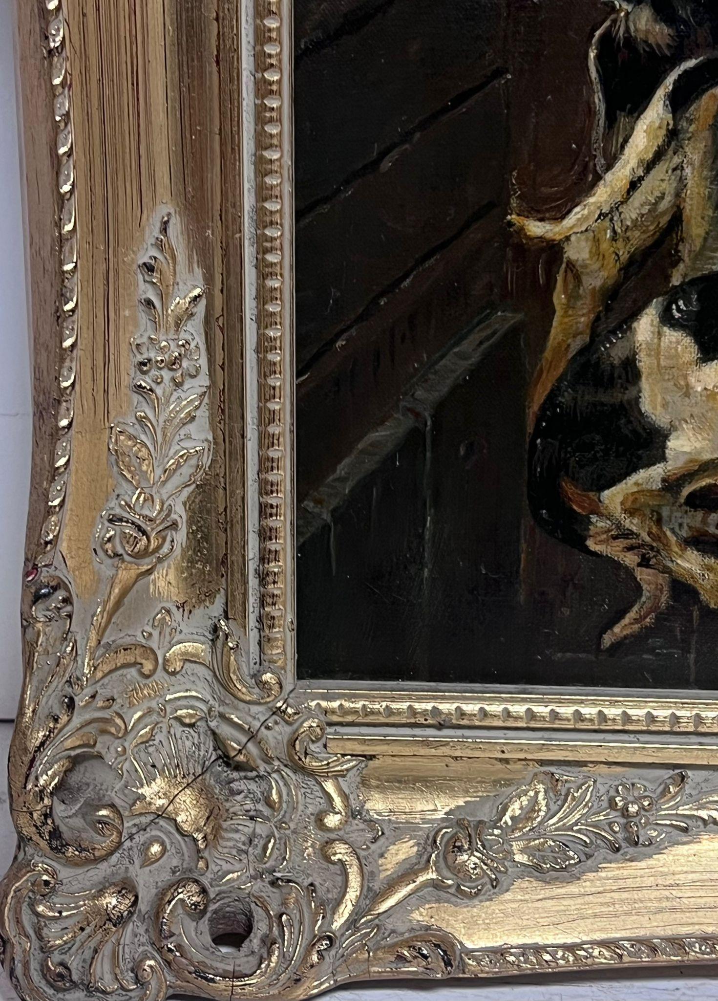 Classico dipinto ad olio di British Sporting Art Cavallo e segugi in un interno di scuderia 4