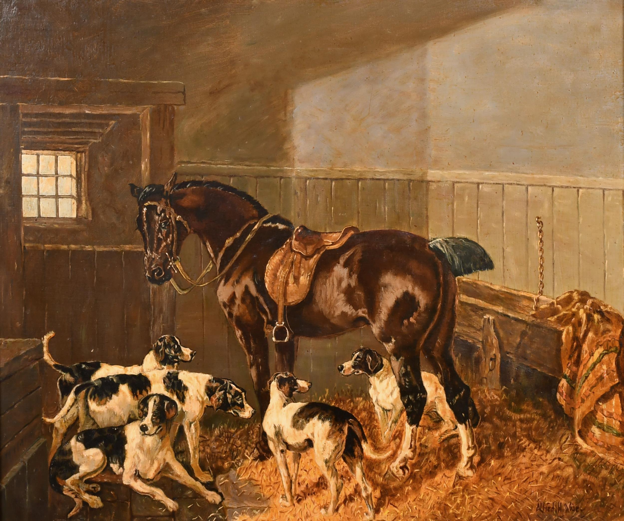 Classic British Sporting Art Oil Painting Horse & Hounds in Stable Interior (peinture à l'huile de chevaux et de chiens de chasse à l'intérieur d'une écurie)