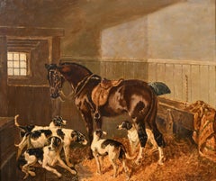 Antique Classic British Sporting Art Oil Painting Horse & Hounds in Stable Interior