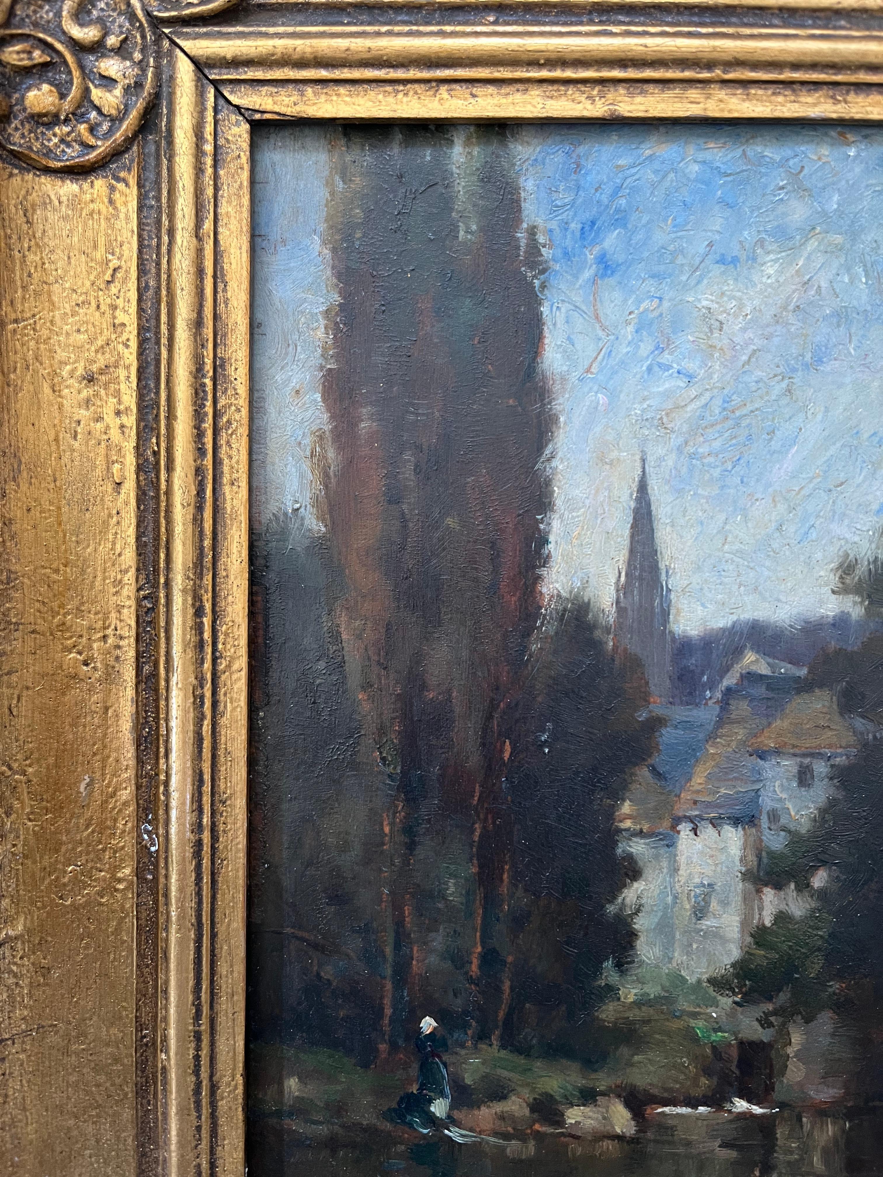 Scuola di Barbizon, pittura di paesaggio vittoriana, figura sul fiume a Pont Aven 7