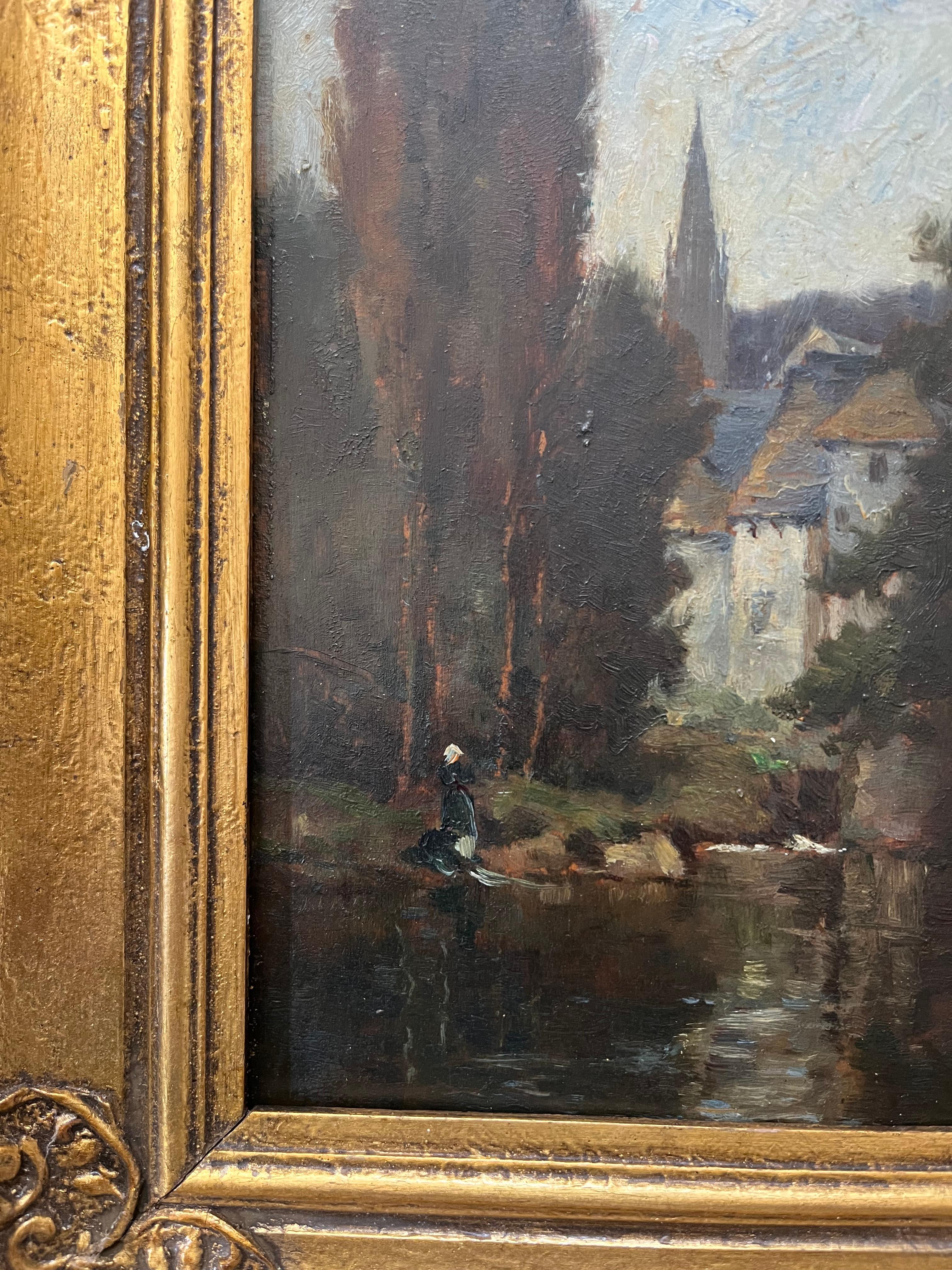 Scuola di Barbizon, pittura di paesaggio vittoriana, figura sul fiume a Pont Aven 8
