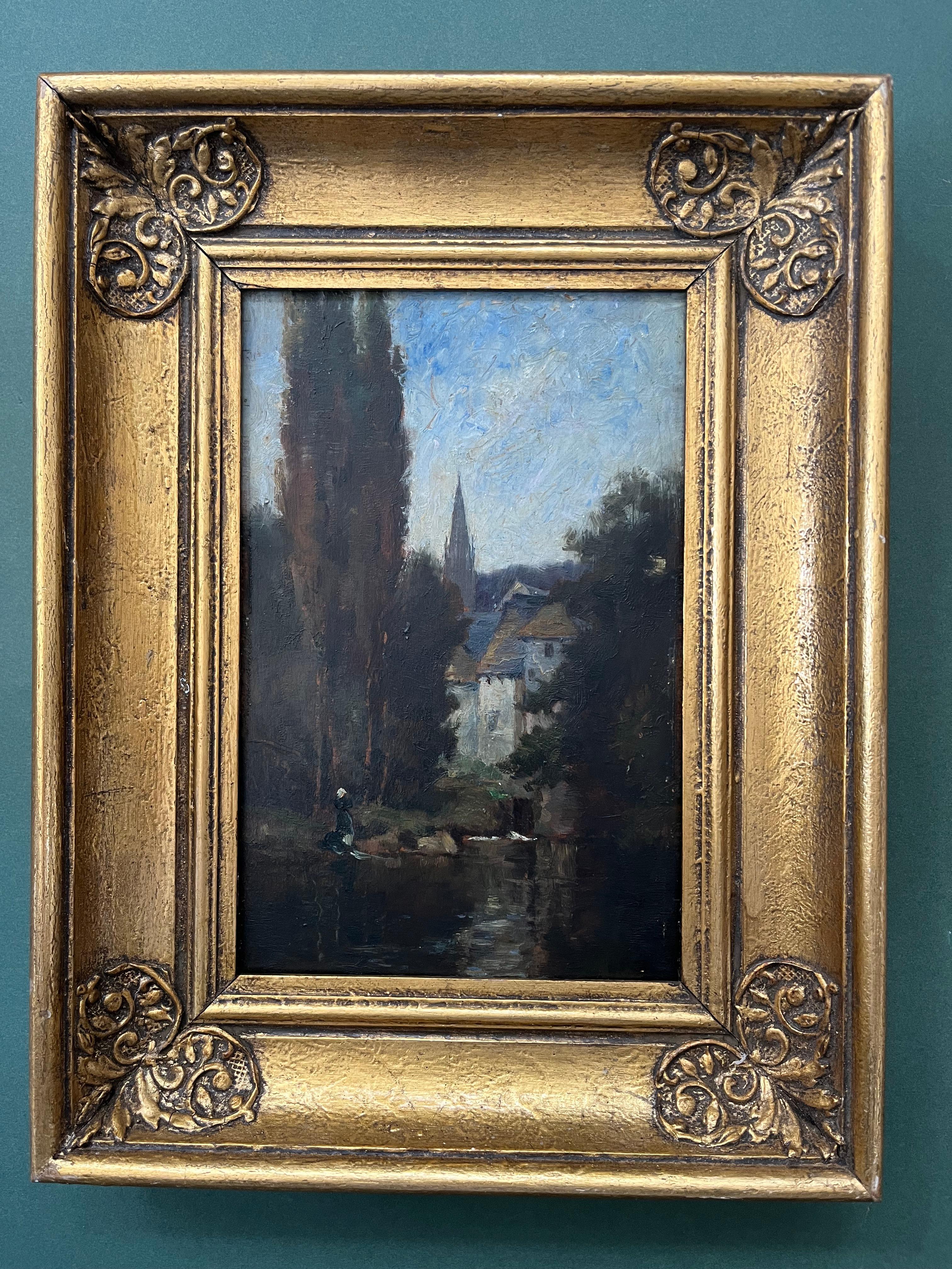 Scuola di Barbizon, pittura di paesaggio vittoriana, figura sul fiume a Pont Aven 12