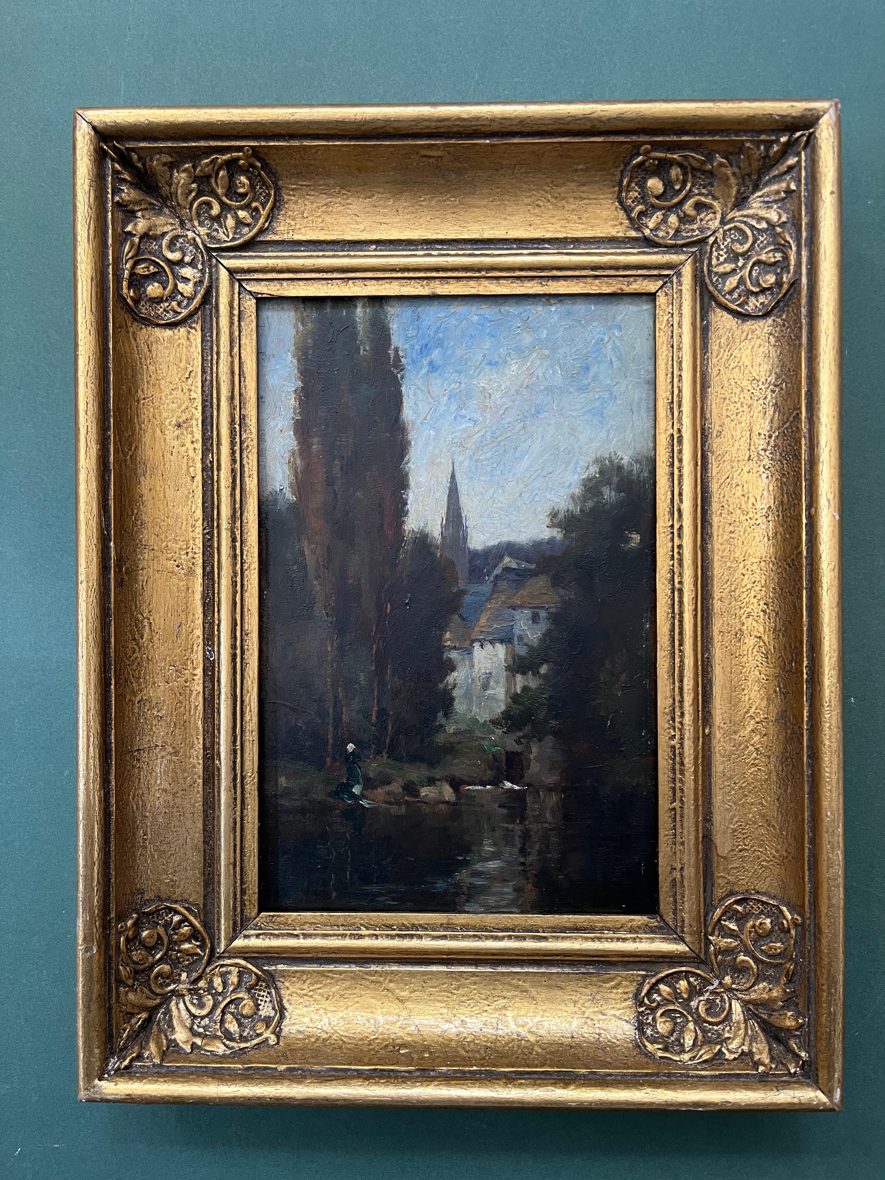 Scuola di Barbizon, pittura di paesaggio vittoriana, figura sul fiume a Pont Aven - Painting Vittoriano di Alfred Withers