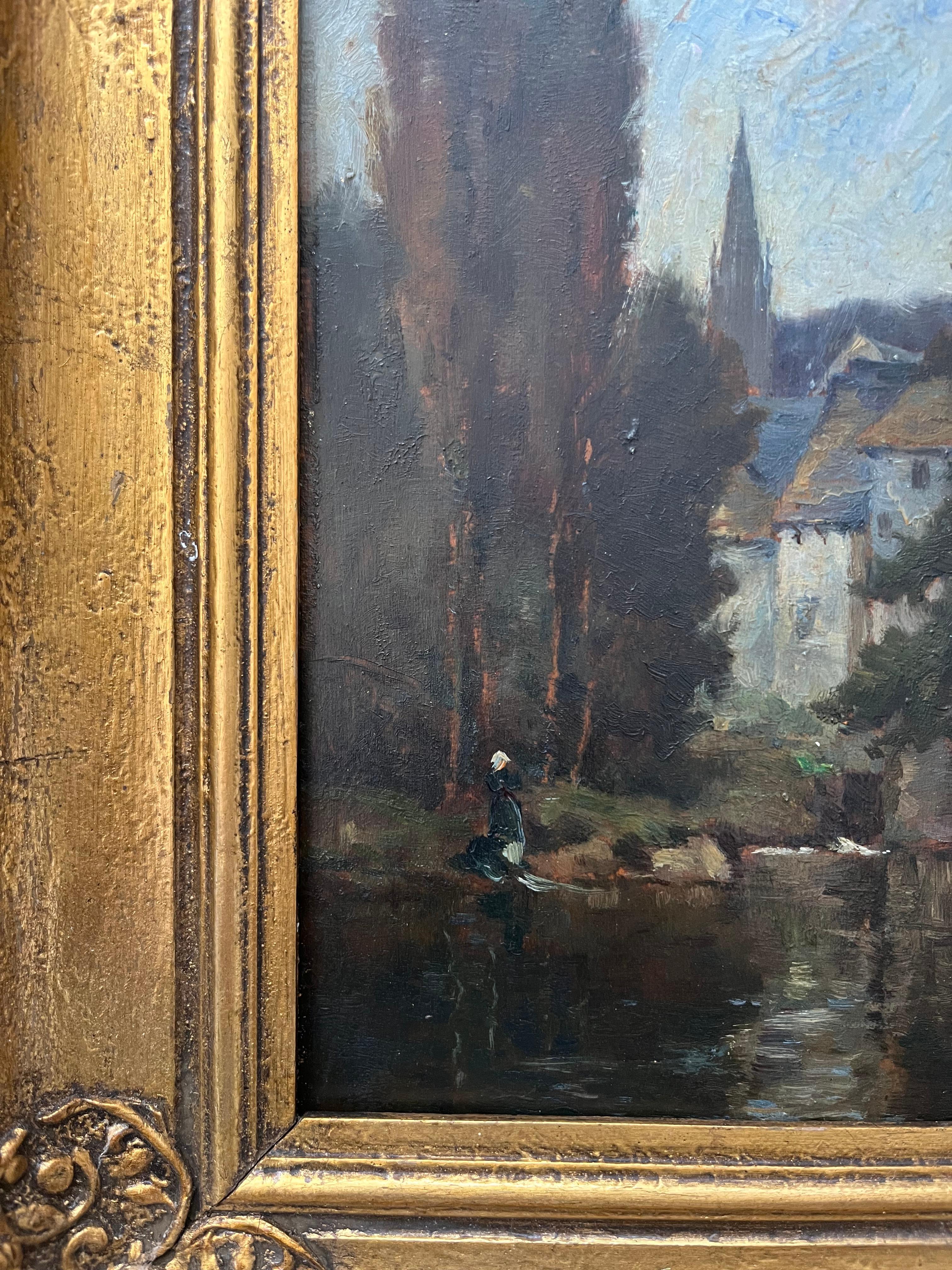 Scuola di Barbizon, pittura di paesaggio vittoriana, figura sul fiume a Pont Aven 1