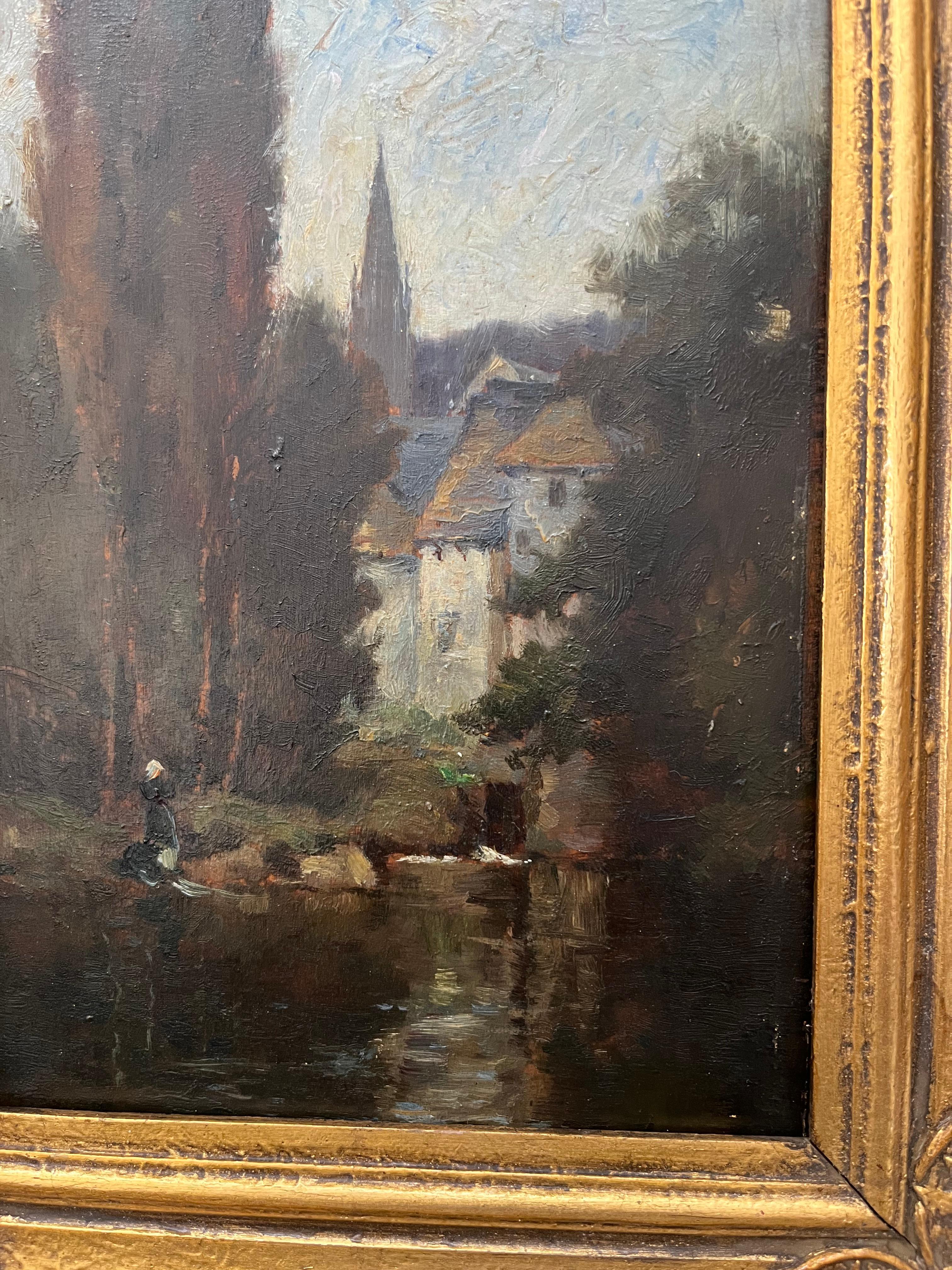 Scuola di Barbizon, pittura di paesaggio vittoriana, figura sul fiume a Pont Aven 3