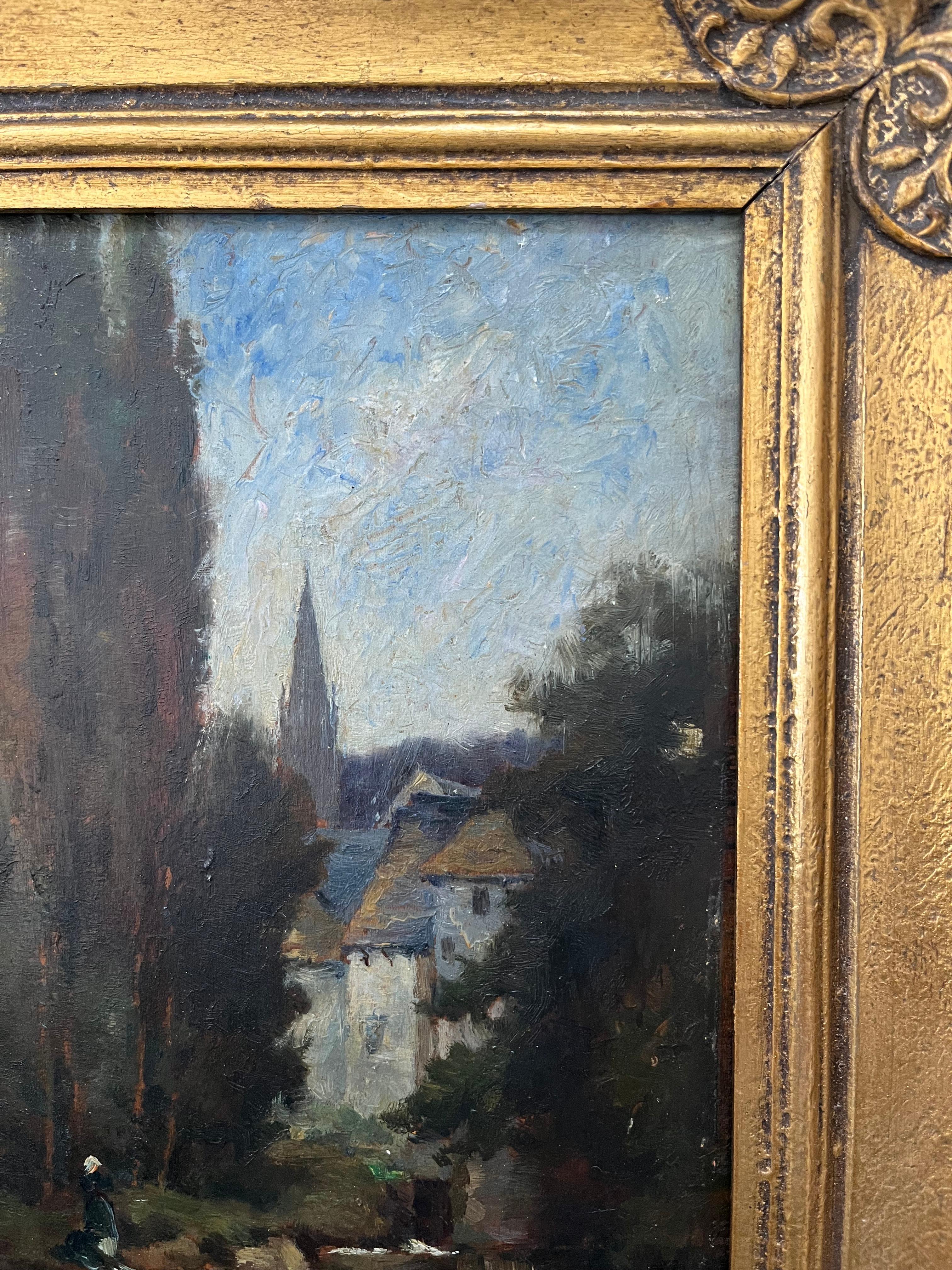 Scuola di Barbizon, pittura di paesaggio vittoriana, figura sul fiume a Pont Aven 4