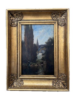 Scuola di Barbizon, pittura di paesaggio vittoriana, figura sul fiume a Pont Aven