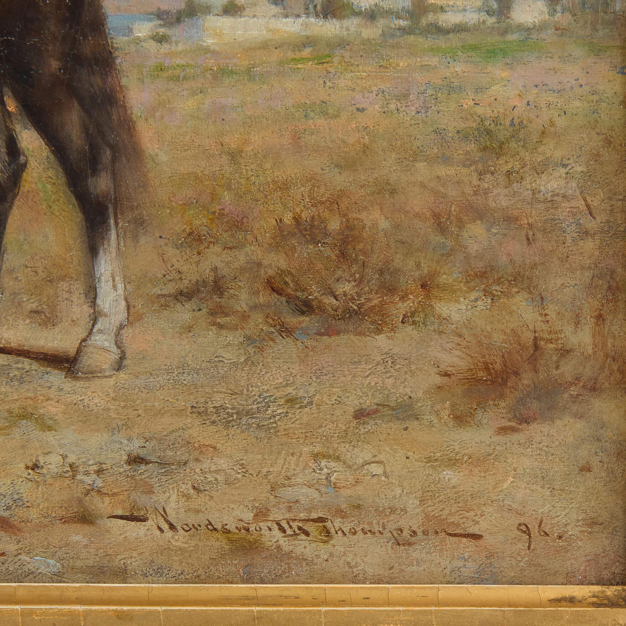 Antikes orientalisches Reiter-Ölgemälde von Wordsworth Thompson 
Amerikaner, 1896
Segeltuch: Höhe 30cm, Breite 46cm
Rahmen: Höhe 42cm, 57cm, Tiefe 2,5cm

Dieses raffinierte orientalistische Kunstwerk stammt von dem amerikanischen Maler Alfred