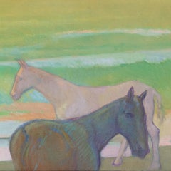 Paseo por la Playa - Figurative Painting with Wild Horses on the Beach 23" x 67"