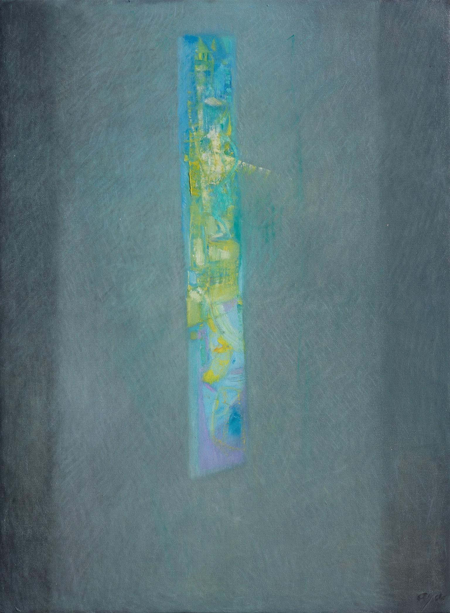 Alfredo Aya’s Silencio is a masterful exploration of stillness and contemplation, executed with a refined interplay of abstraction and color. The painting’s vertical composition draws the eye to a narrow, luminous strip of greens, blues, and soft