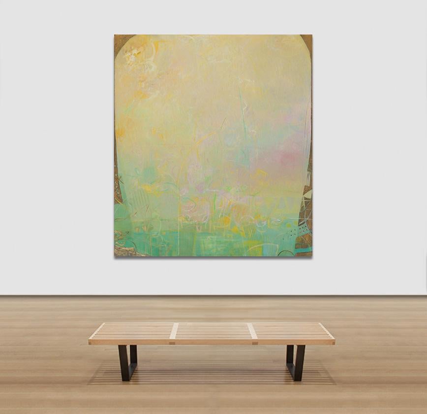 The Hours: The Middle of the Day - Large Abstract Green and Yellow Oil Painting - Beige Abstract Painting by Alfredo Aya