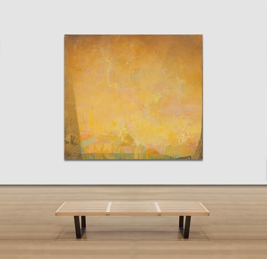 Alfredo Aya's The Hours: Sunrise, When Everything Is Possible is a large 66.5 x 74.5-inch abstract oil painting on canvas. The main colors are yellow and orange. This work is part of a recent series - The Hours - of 4 canvases inspired by The Very