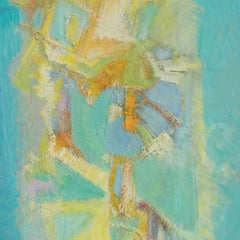 Vitrales al Alba - Pittura astratta, colori pastello, blu, 35 x 27,5 pollici