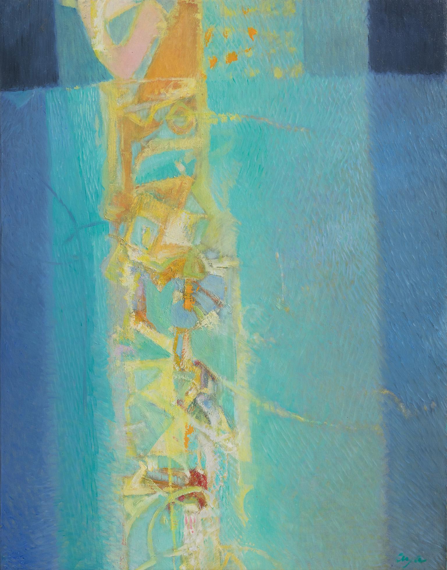 Alfredo Aya's Vitrales al Alba - Stained Glass Window at Dawn - is a 35 x 27.5-inch abstract oil painting on canvas. The primary colors are blue and turquoise. The image seems to be illuminated by an internal light. Aya broke the colors into odd
