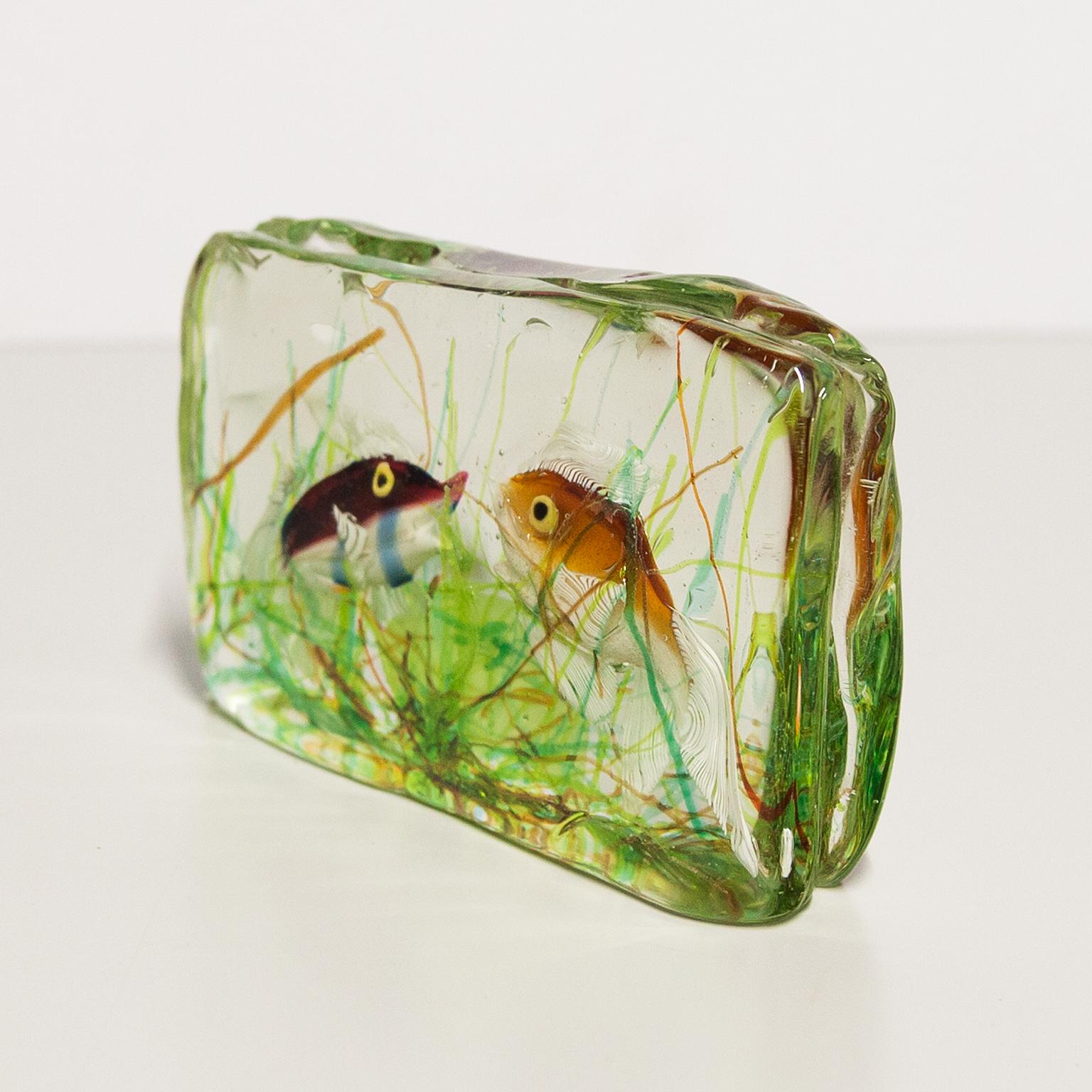 Mid-Century Modern Alfredo Barbini Aquarium Murano 2 Fish Glass Objects for Cenedese 1960s