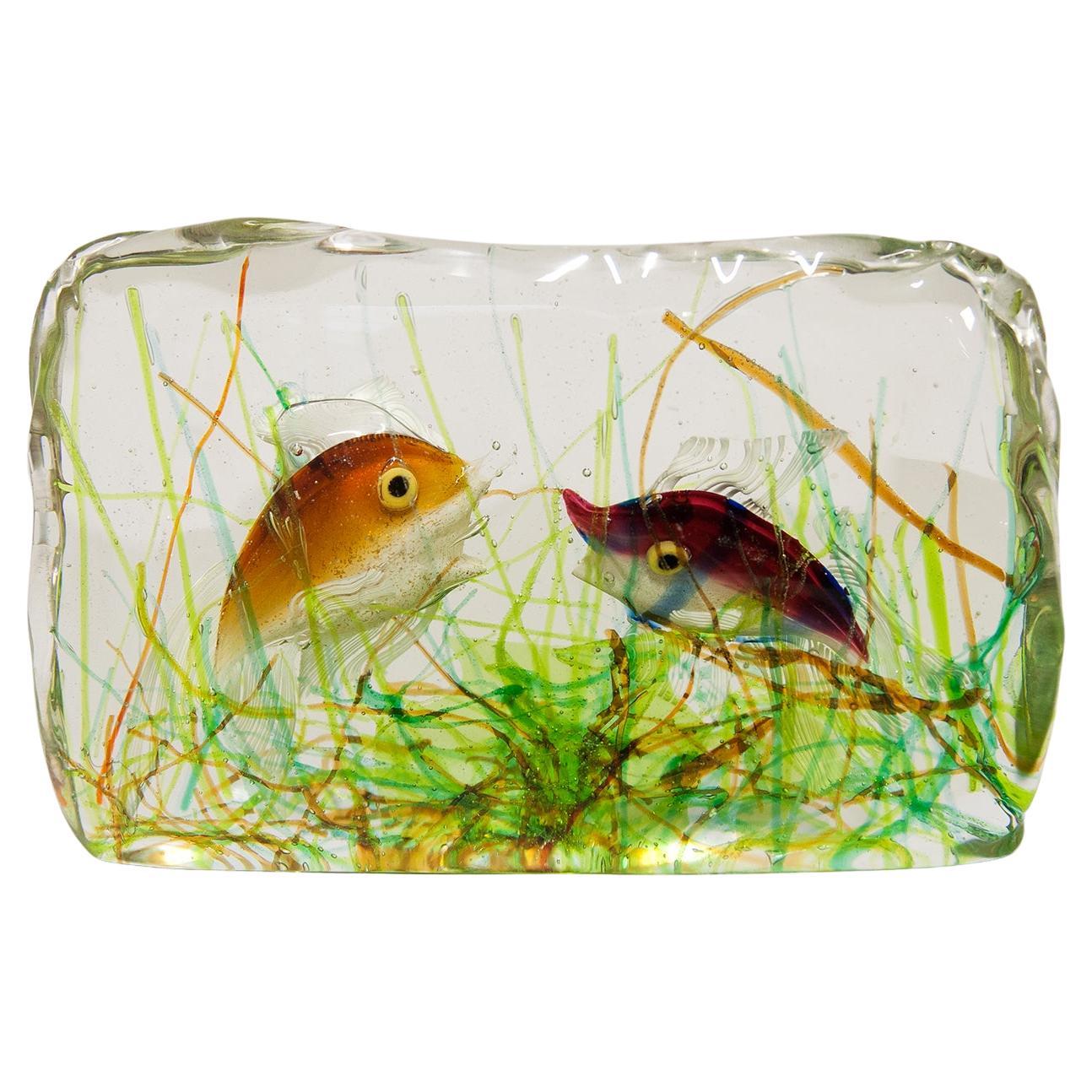Alfredo Barbini Aquarium Murano 2 Fish Glass Object for Cenedese 1960s For Sale