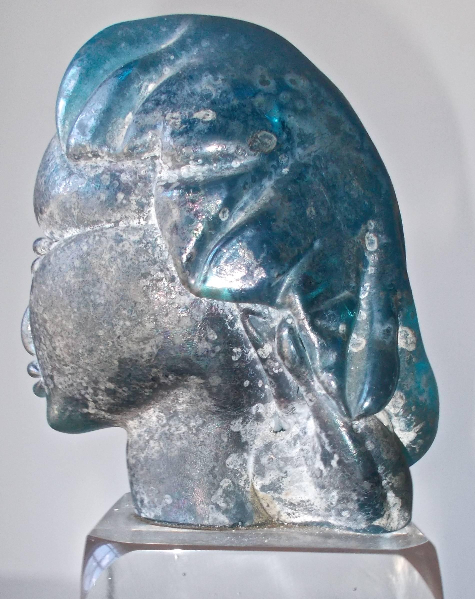 Italian Alfredo Barbini 'Attributed' Iridized Blue Glass Sculpture For Sale