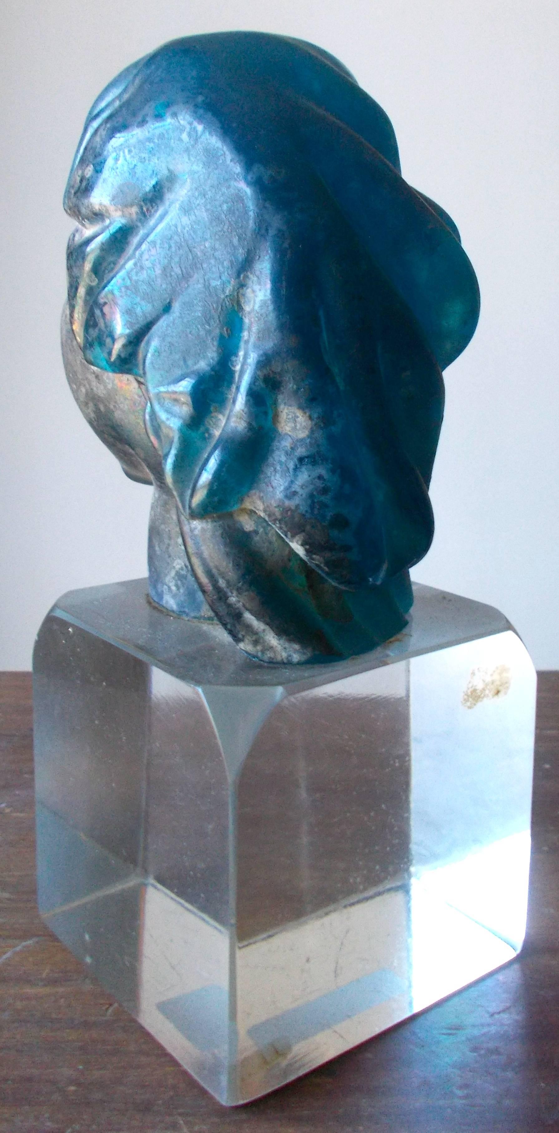 Hand-Crafted Alfredo Barbini 'Attributed' Iridized Blue Glass Sculpture For Sale