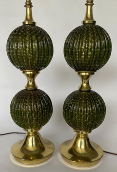 Alfredo Barbini Attributed Murano PAIR green glass with gold bubbles lamps