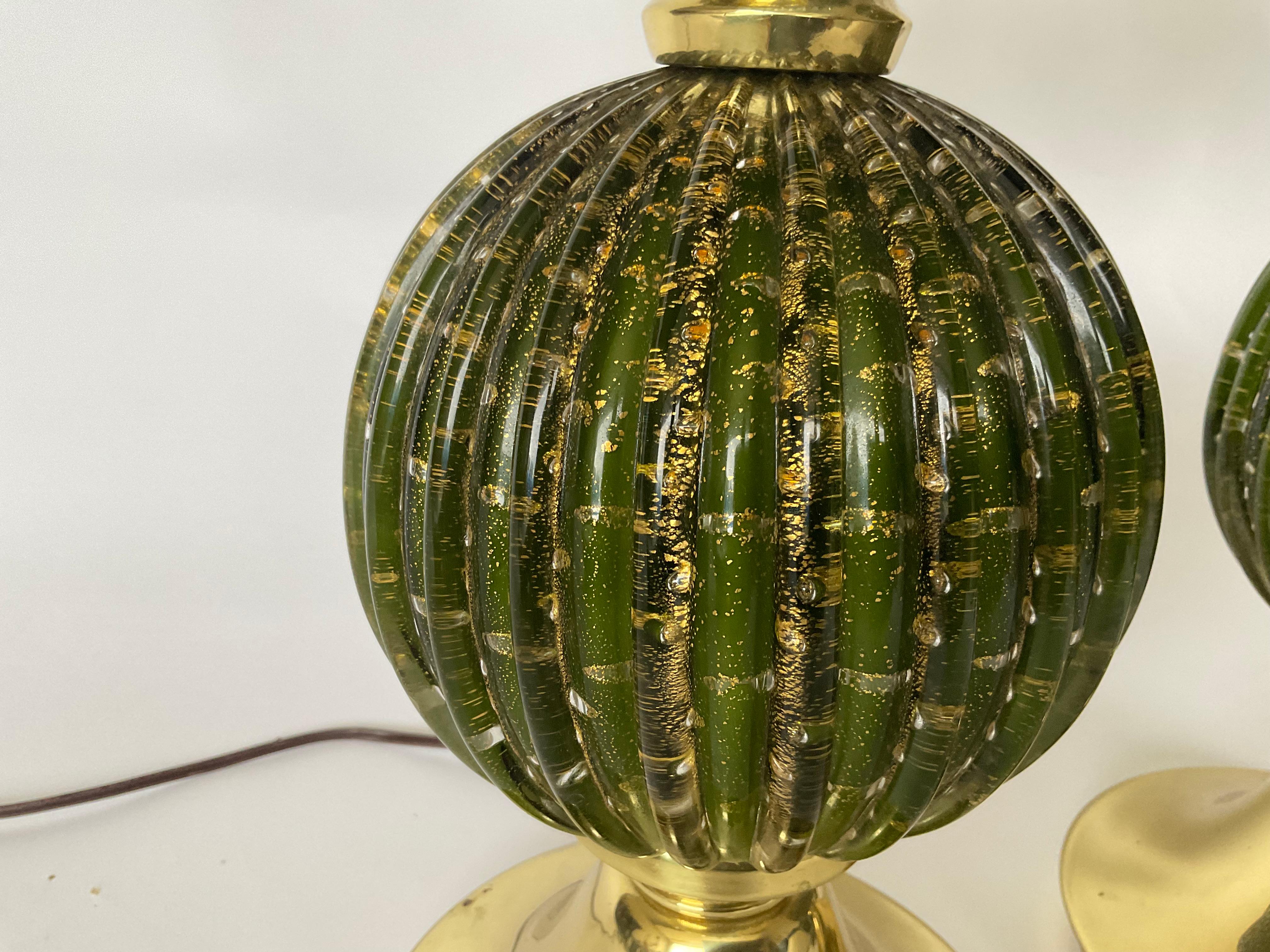 Italian Alfredo Barbini Attributed Murano PAIR green glass with gold bubbles lamps 