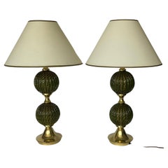 Alfredo Barbini Attributed Murano PAIR green glass with gold bubbles lamps