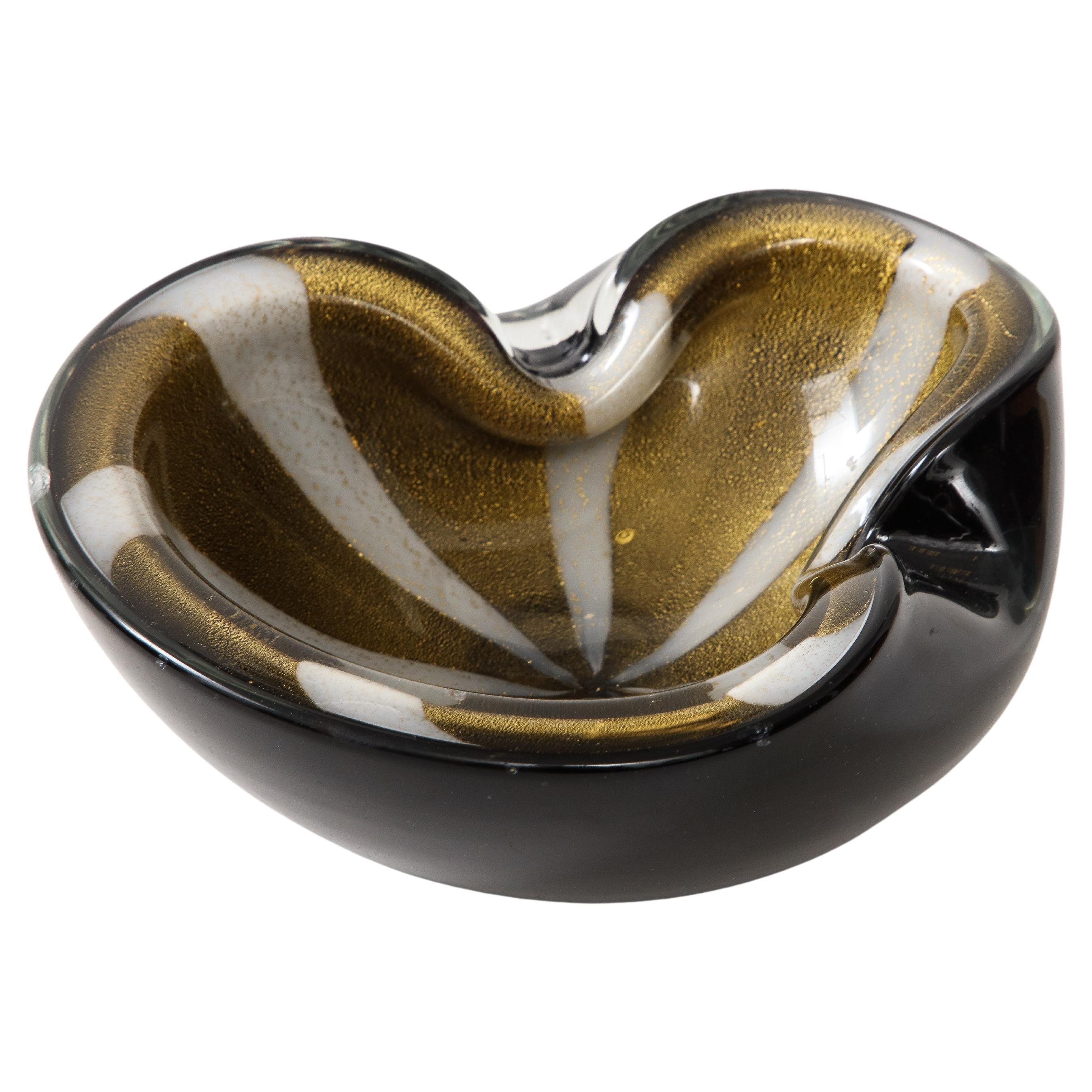 Vase en verre de Murano Alfredo Barbini noir, or et blanc