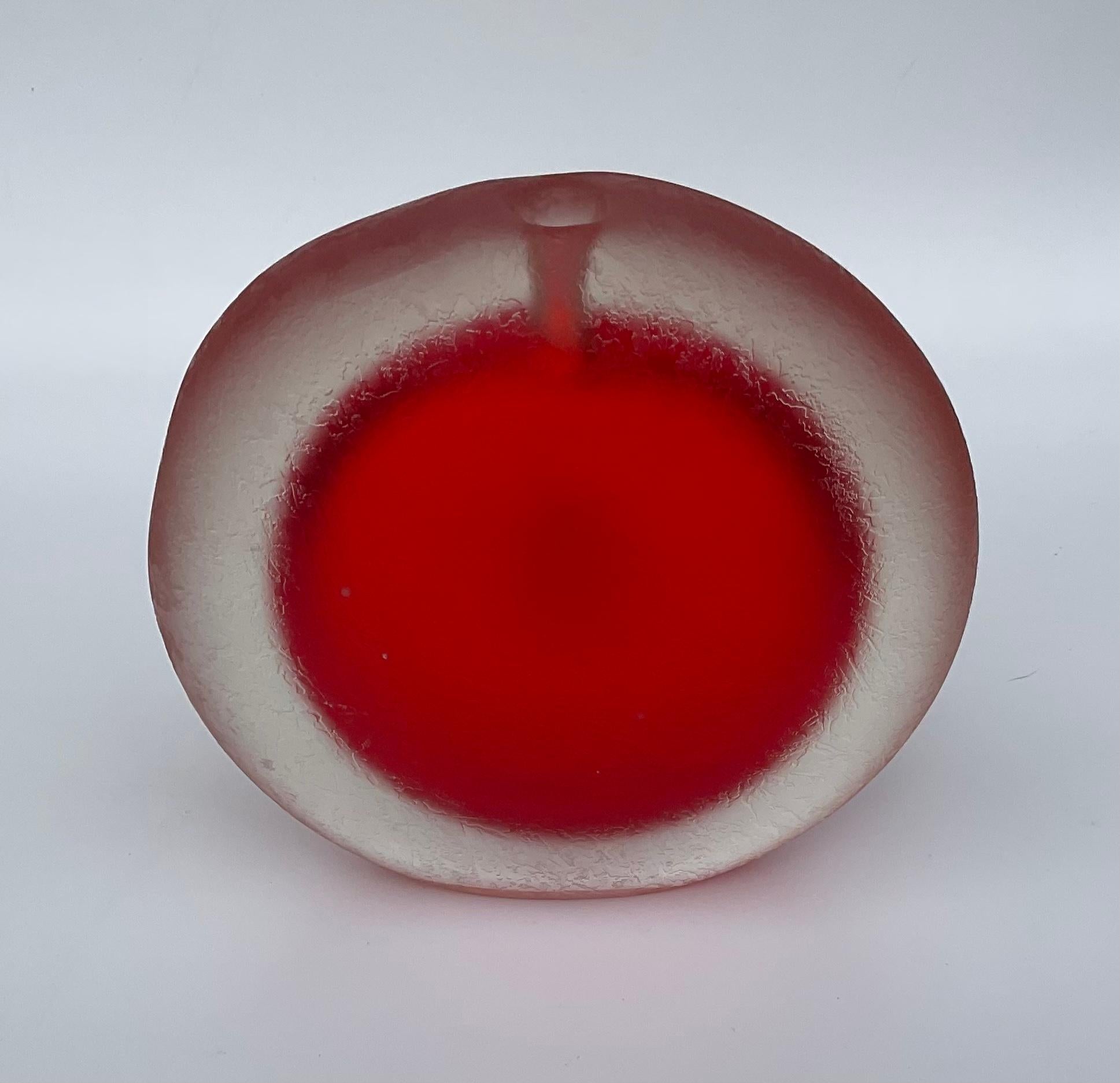 Alfredo Barbini Brilliant Red Murano Art Glass Sommerso Corroso Vase. Corroso glass or corroded is an artificial stone like finish achieved by exposing the glass to fluoridic acid.