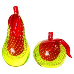 Alfredo Barbini Bullicante Aventurine Murano Glass Apple & Pear Scupture, Pair