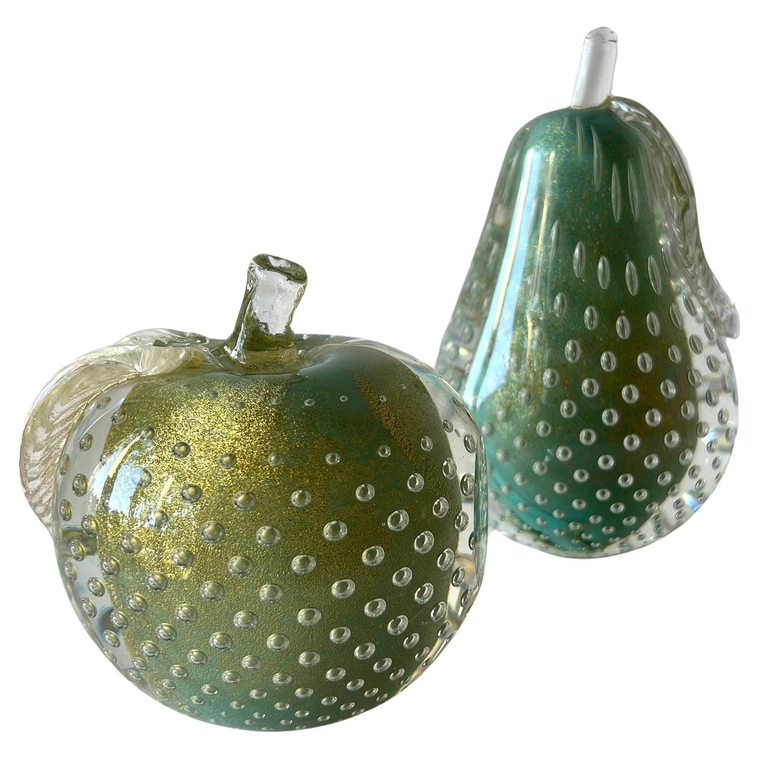 Mid-Century Modern Alfredo Barbini Bullicante Aventurine Murano Glass Fruit Teal Bookends For Sale
