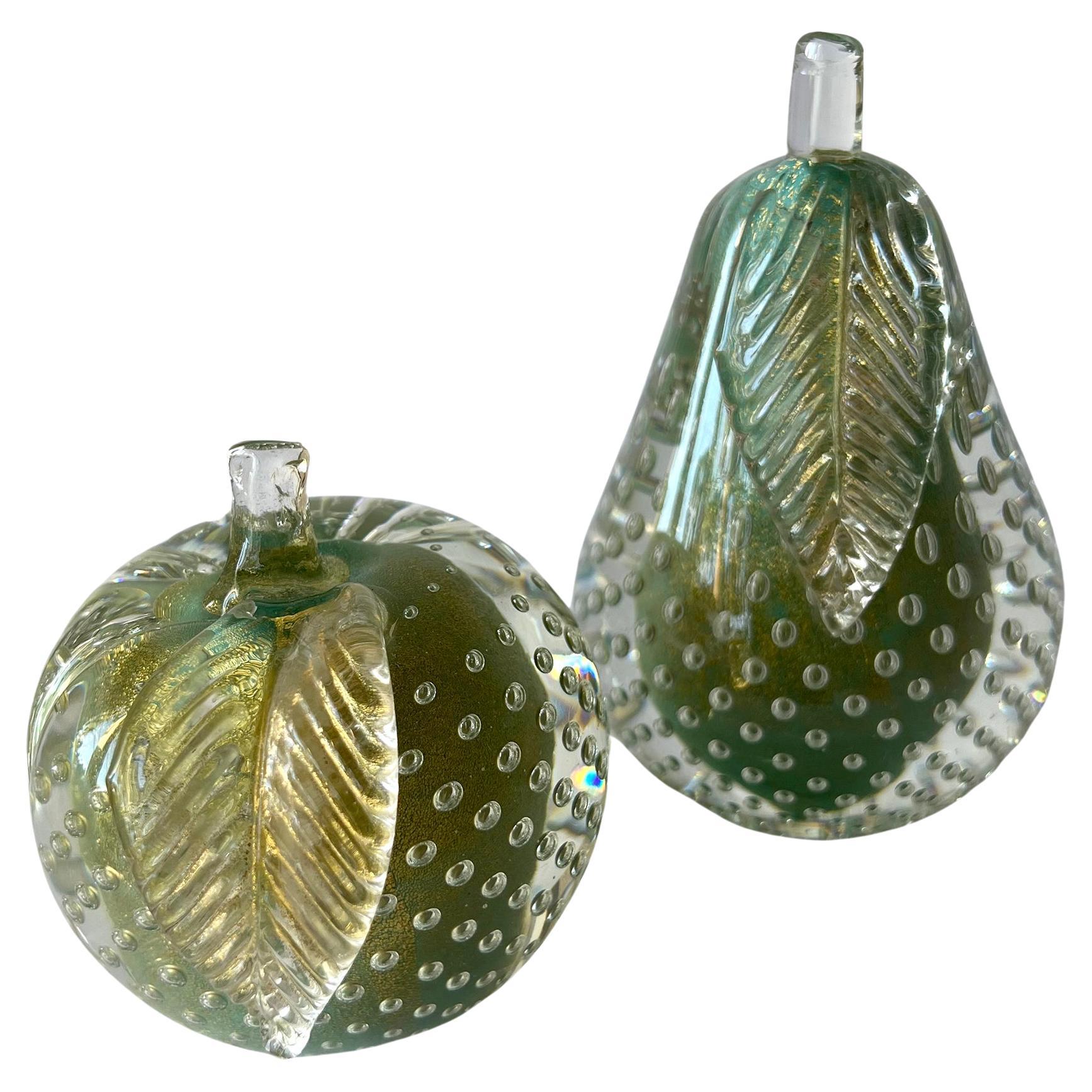 Italian Alfredo Barbini Bullicante Aventurine Murano Glass Fruit Teal Bookends For Sale