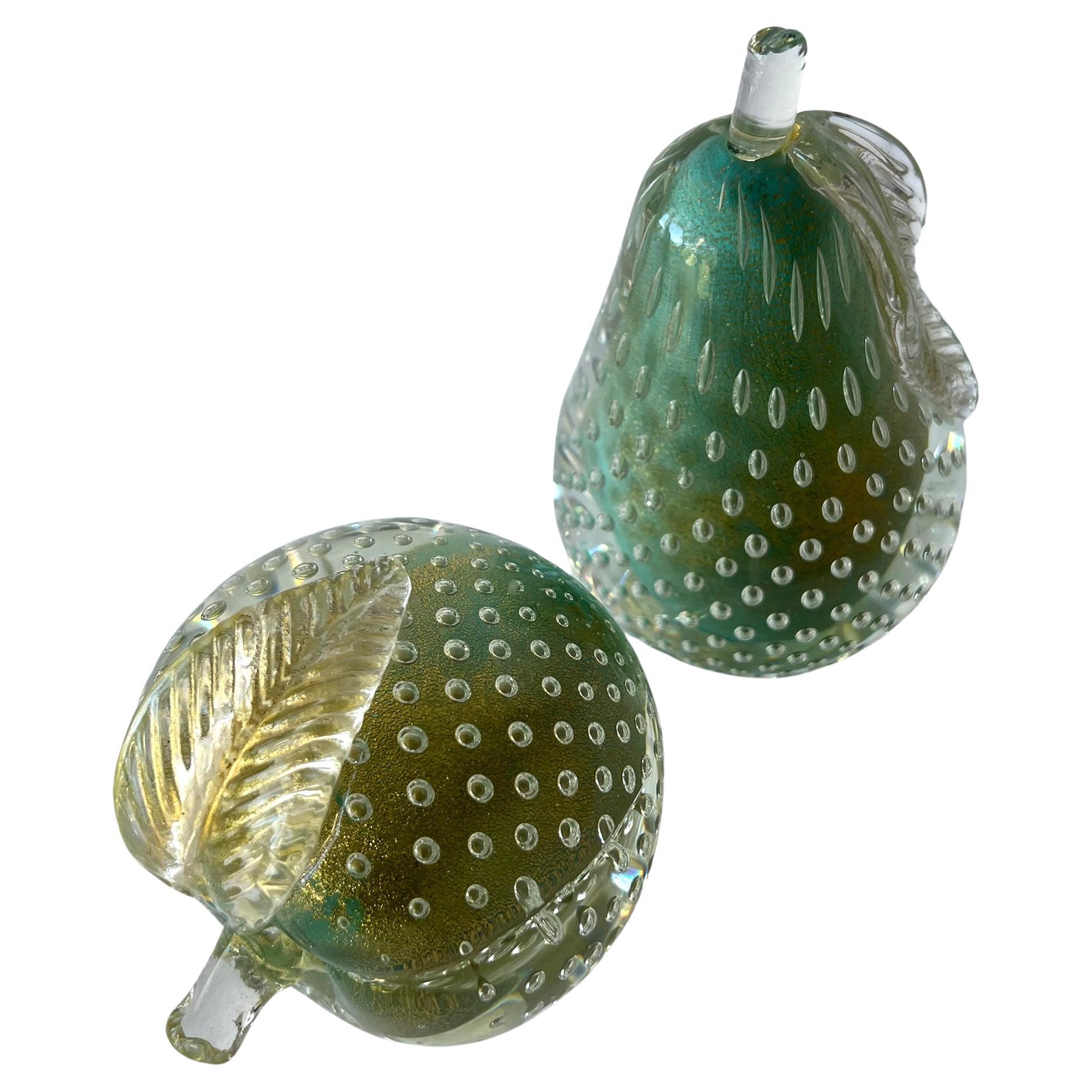 Blown Glass Alfredo Barbini Bullicante Aventurine Murano Glass Fruit Teal Bookends For Sale