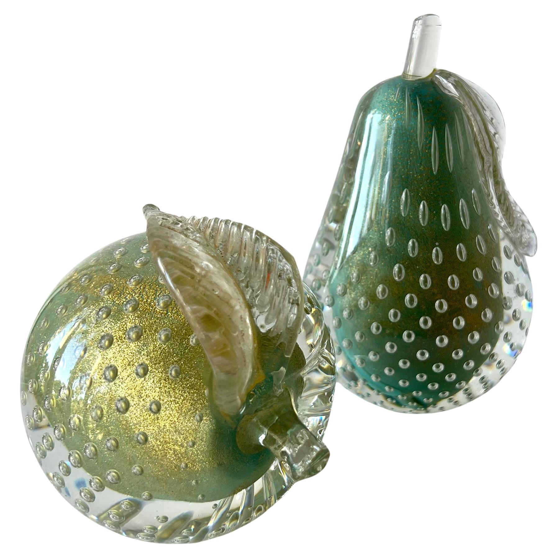 Alfredo Barbini Bullicante Aventurine Murano Glass Fruit Teal Bookends For Sale 1