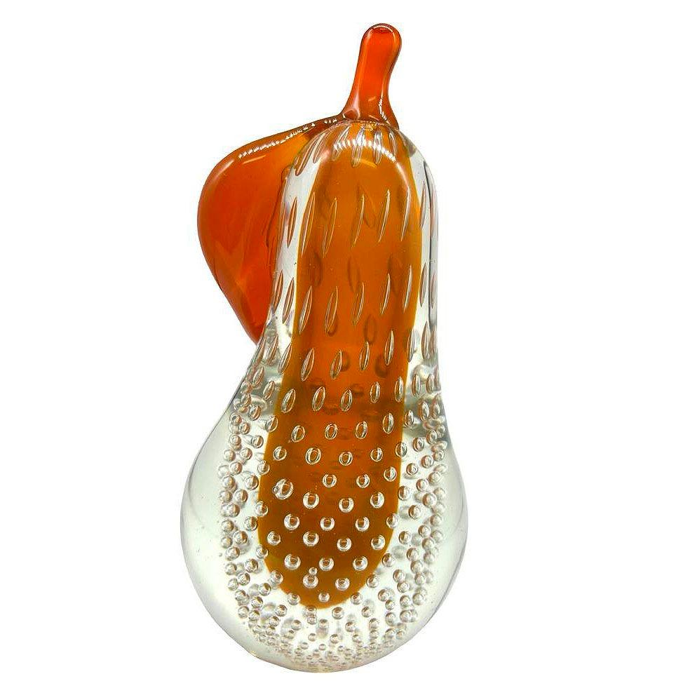 Escultura de pera de cristal de Murano Bullicante Aventurina de Alfredo Barbini. Cada escultura con forma de fruta está realizada en vidrio transparente y rojo, con la característica técnica Bullicante que crea burbujas de aire controladas dentro