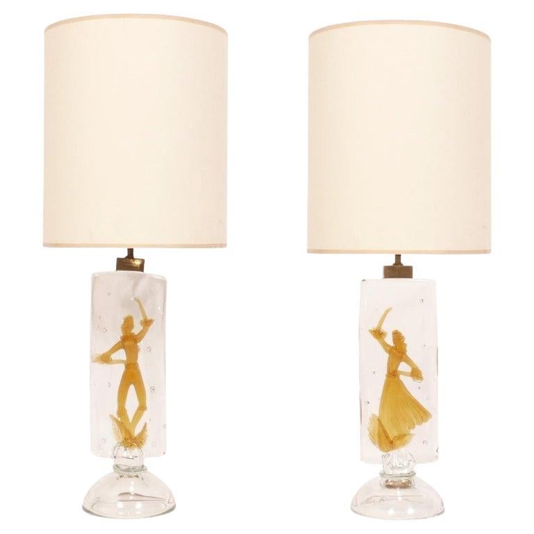Paire de lampes de bureau en verre de Murano du début ou du milieu du XXe siècle par Alfredo Barbini pour Cenedese