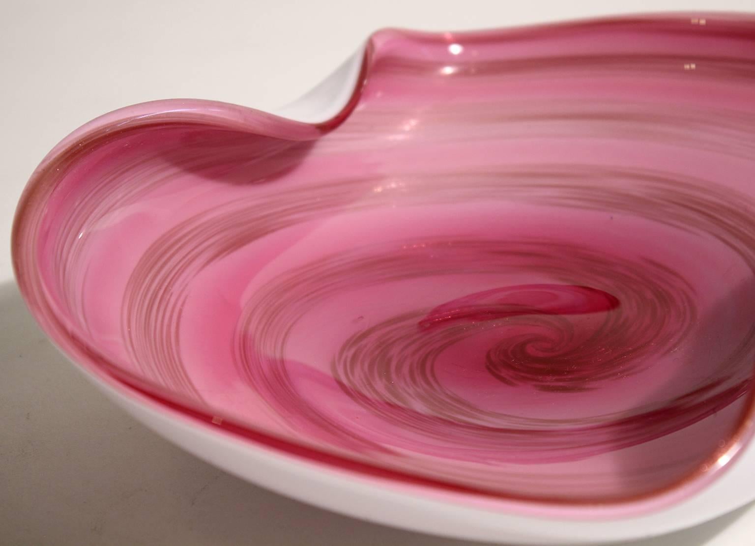 Alfredo Barbini for Murano Art Glass Pink and Gold Swirled Centerpiece Dish Bowl 4