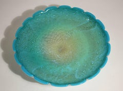 Alfredo Barbini for Murano Art Glass Sky Blue and Gold Centerpiece Dish Bowl