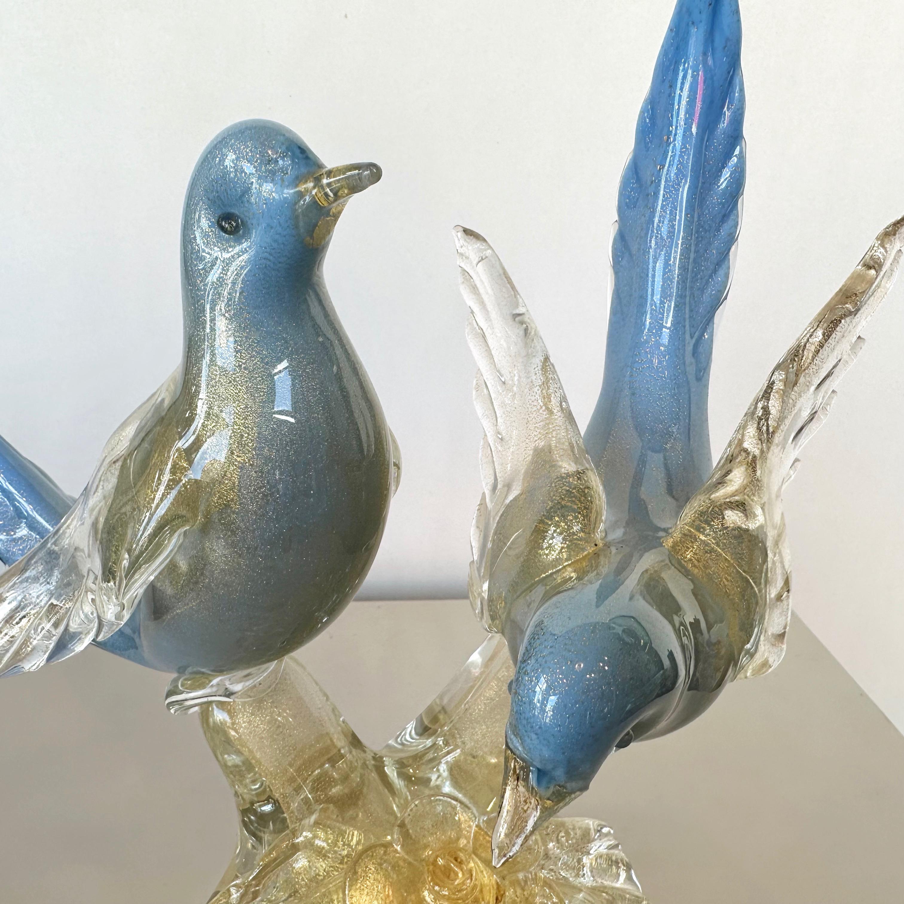 Alfredo Barbini for Salviati Murano Glass Blue Bird Pair with Gold Flecks, 1950s 3