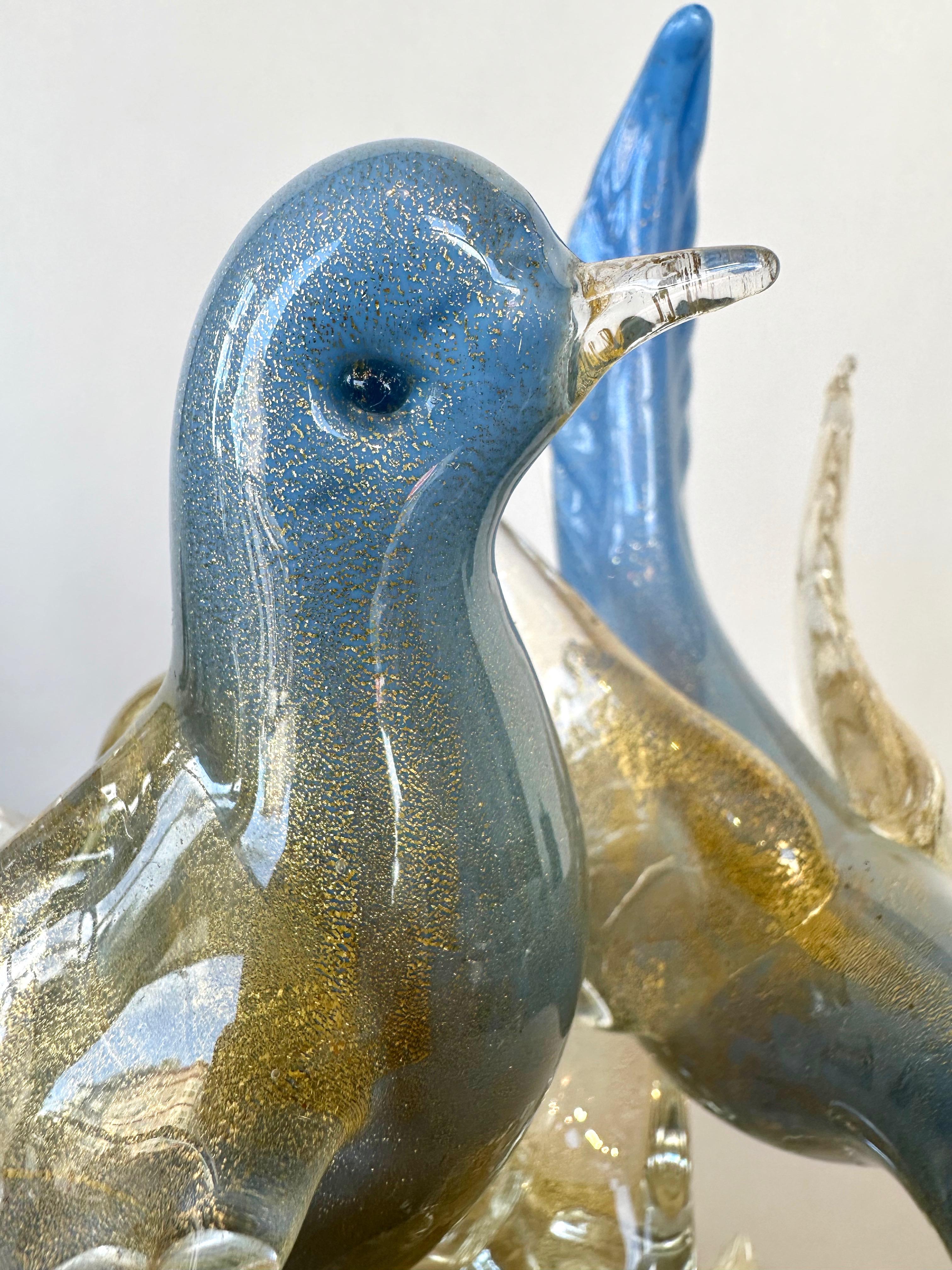 Alfredo Barbini for Salviati Murano Glass Blue Bird Pair with Gold Flecks, 1950s 5