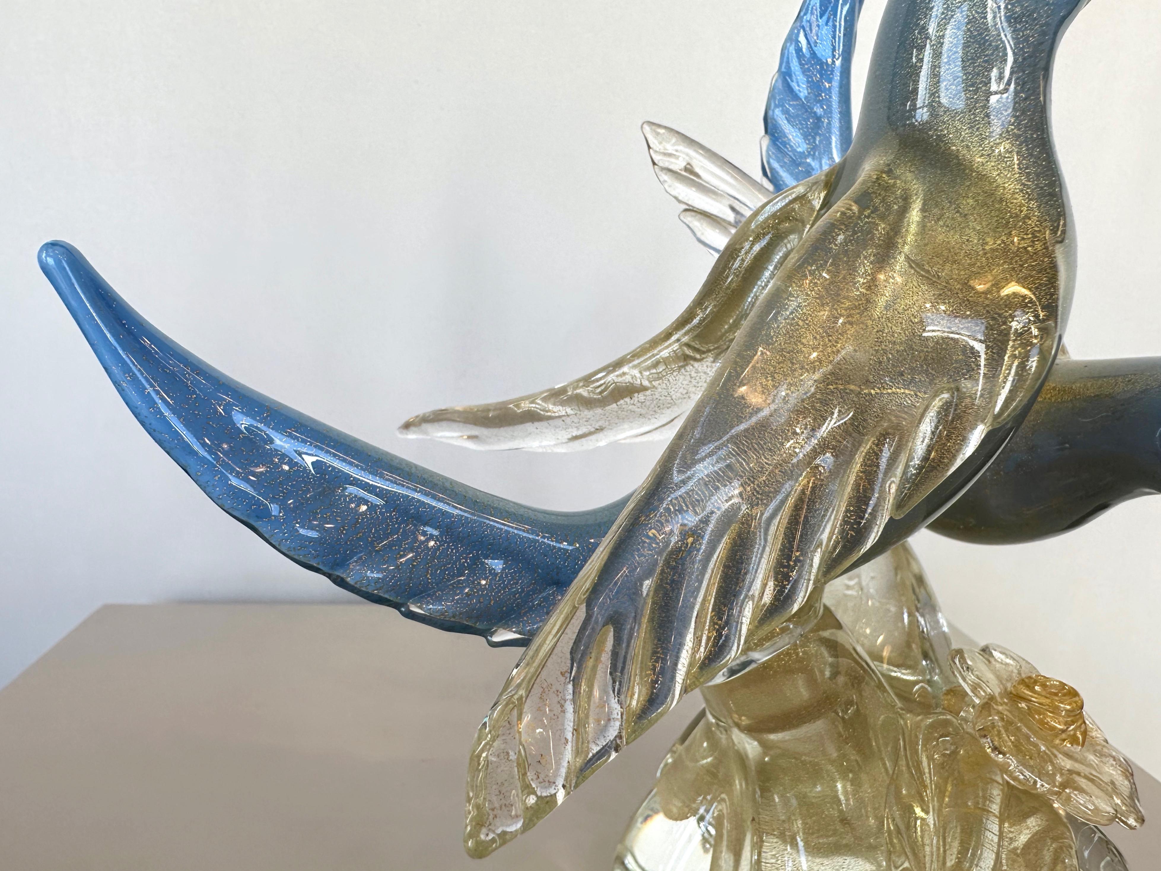 Alfredo Barbini for Salviati Murano Glass Blue Bird Pair with Gold Flecks, 1950s 6