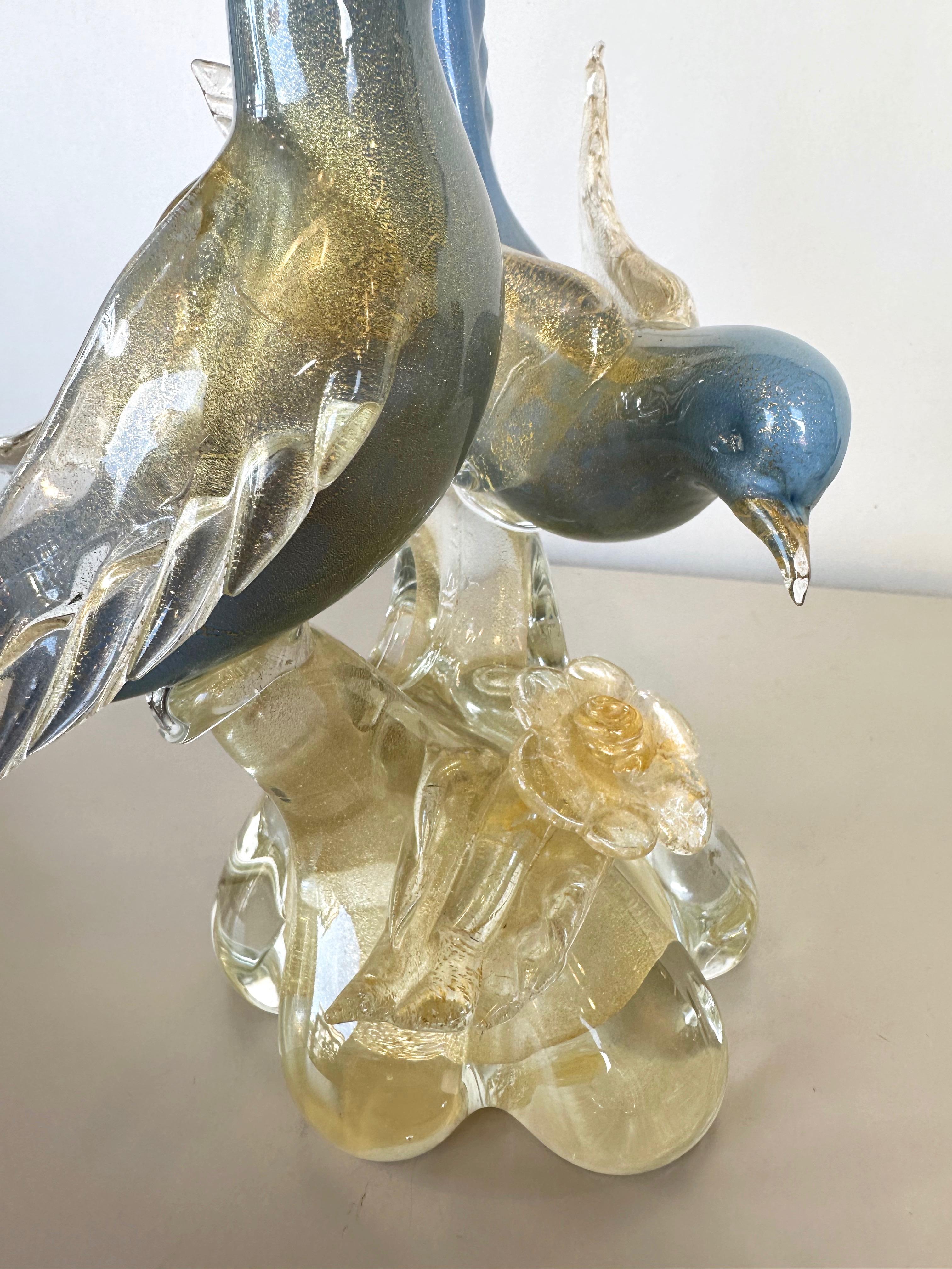 Alfredo Barbini for Salviati Murano Glass Blue Bird Pair with Gold Flecks, 1950s 7