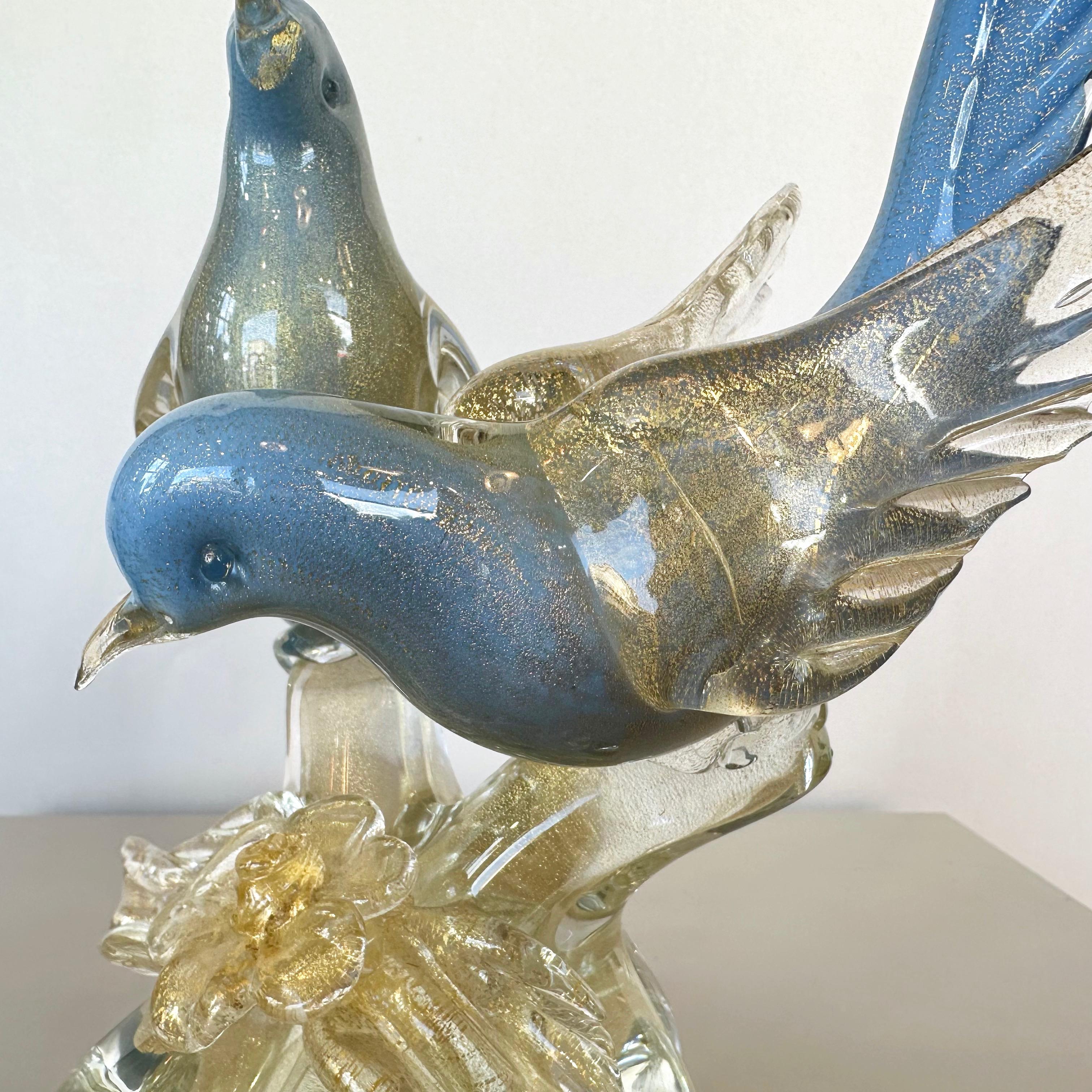 Alfredo Barbini for Salviati Murano Glass Blue Bird Pair with Gold Flecks, 1950s 8