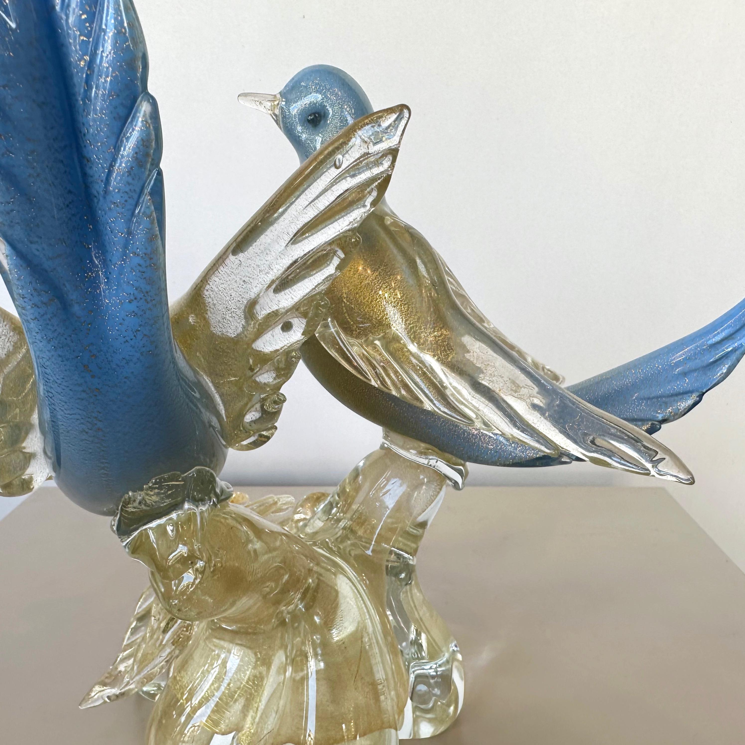 Alfredo Barbini for Salviati Murano Glass Blue Bird Pair with Gold Flecks, 1950s 9
