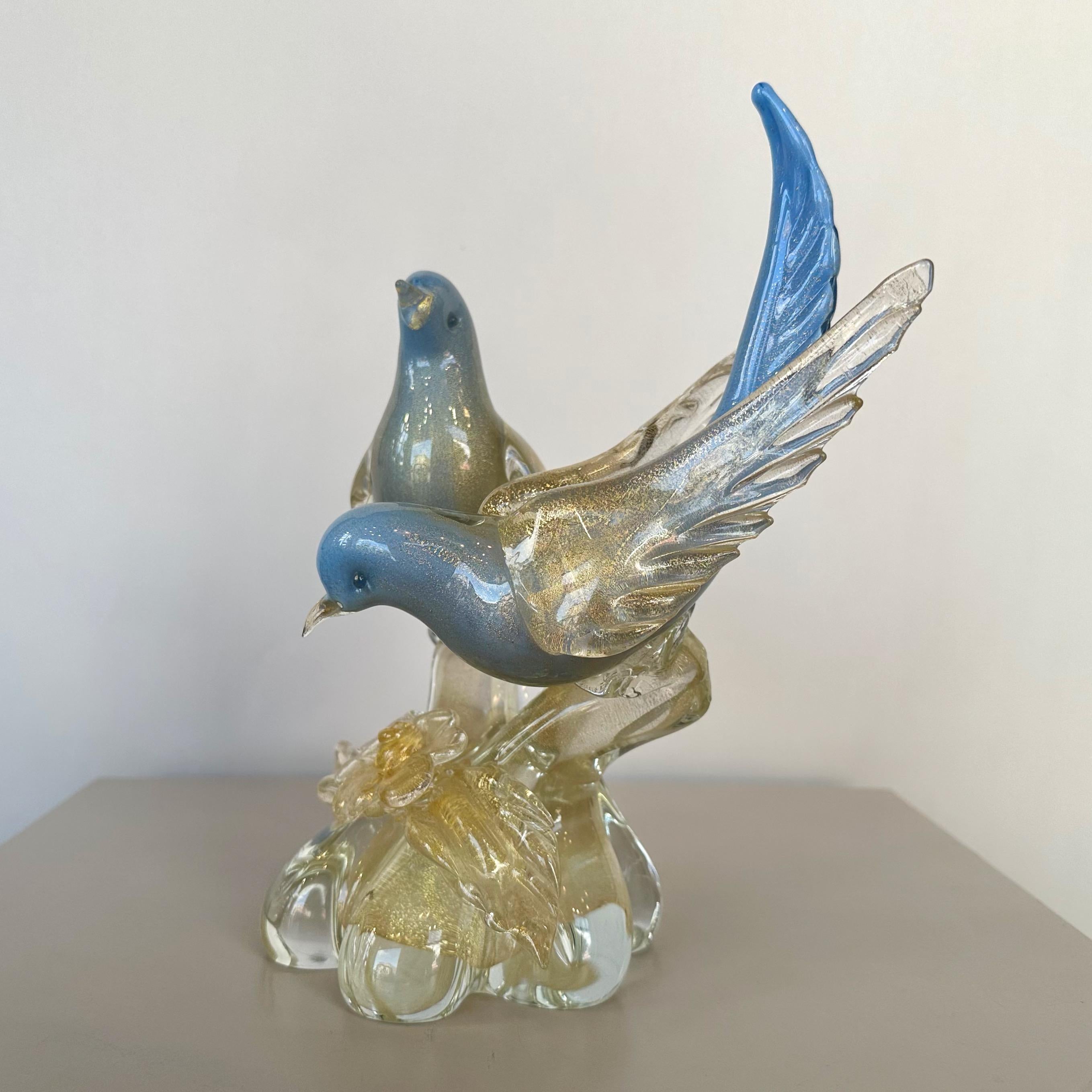 Mid-Century Modern Alfredo Barbini for Salviati Murano Glass Blue Bird Pair with Gold Flecks, 1950s