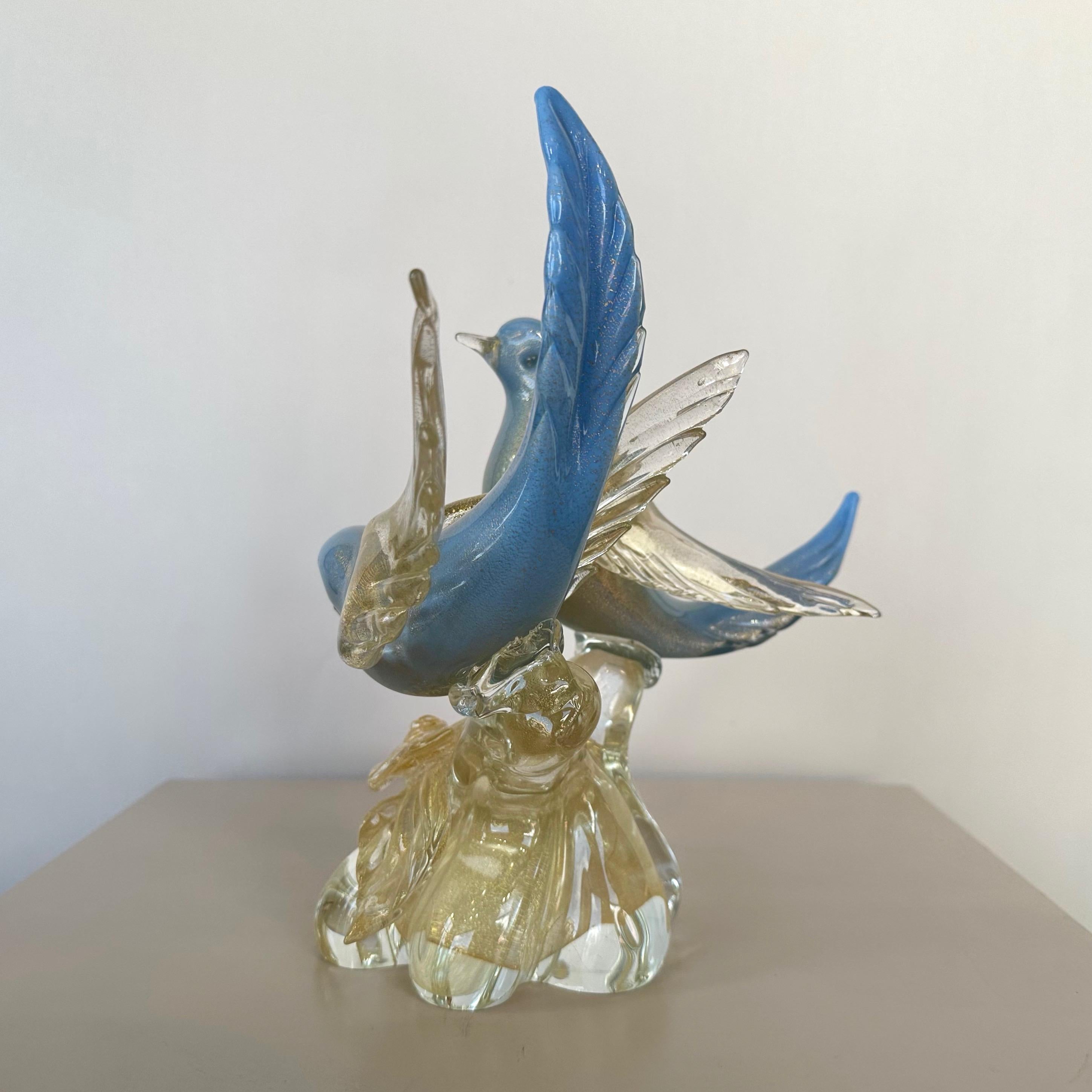 Italian Alfredo Barbini for Salviati Murano Glass Blue Bird Pair with Gold Flecks, 1950s