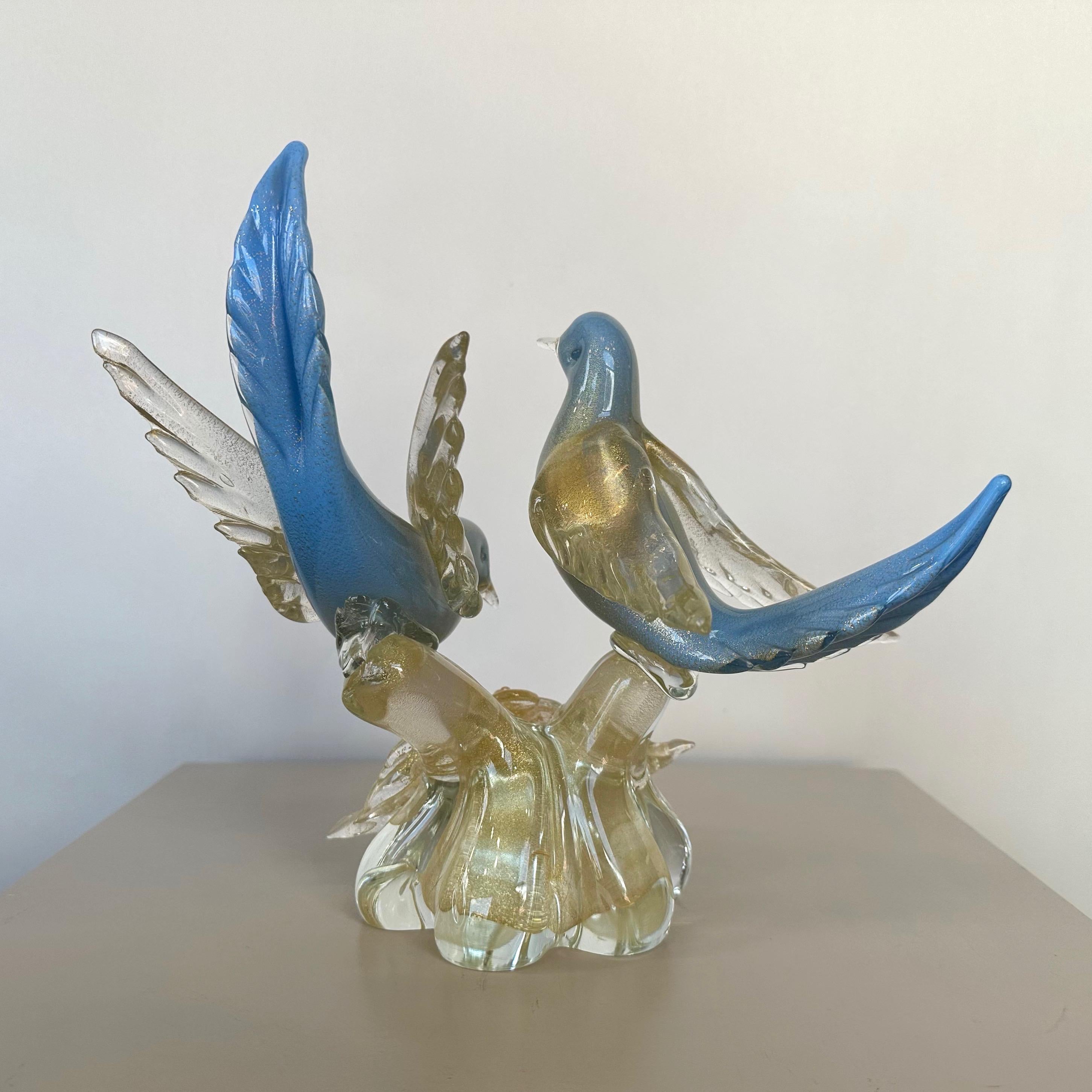 Hand-Crafted Alfredo Barbini for Salviati Murano Glass Blue Bird Pair with Gold Flecks, 1950s