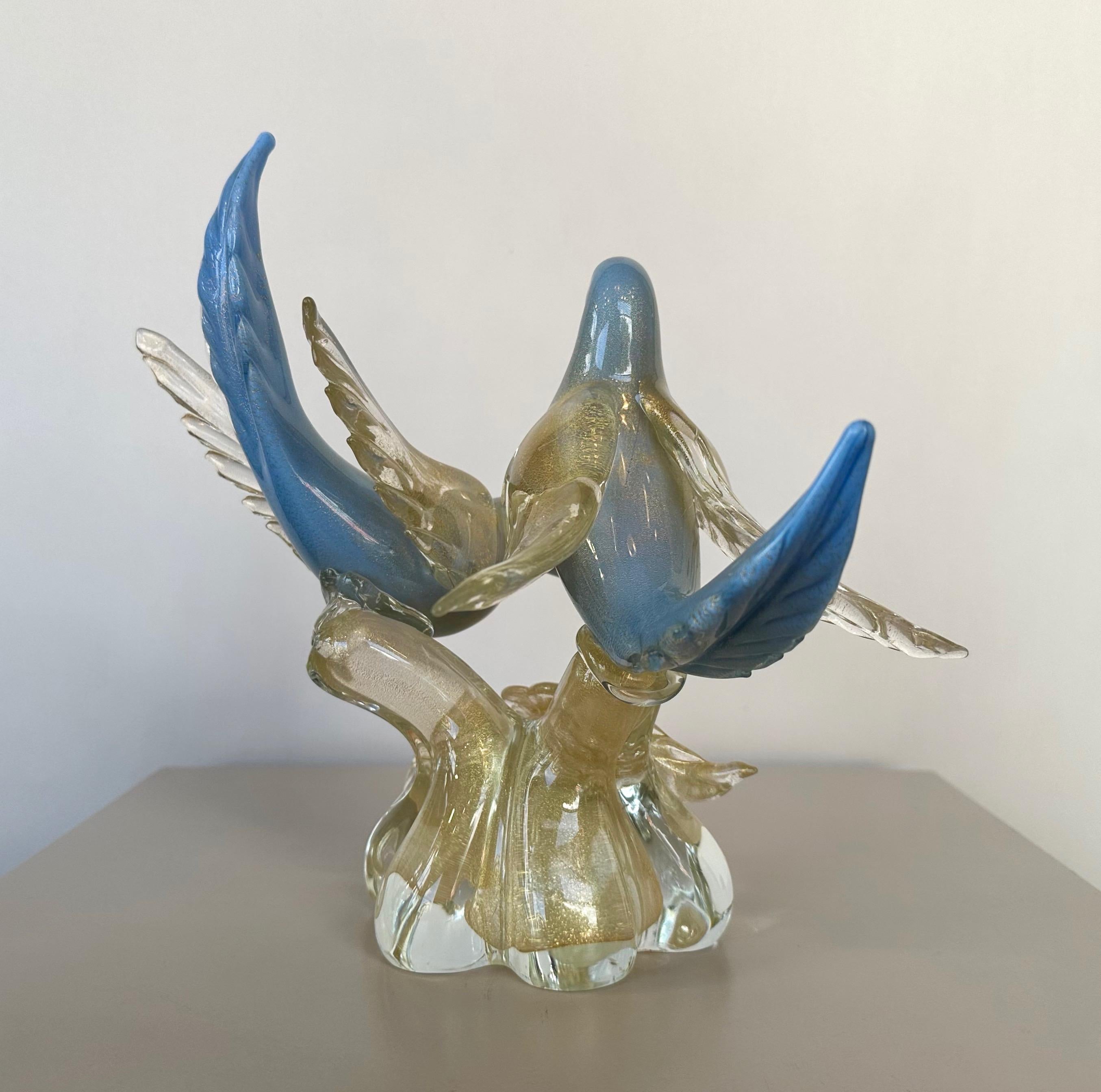Alfredo Barbini for Salviati Murano Glass Blue Bird Pair with Gold Flecks, 1950s In Good Condition In San Francisco, CA