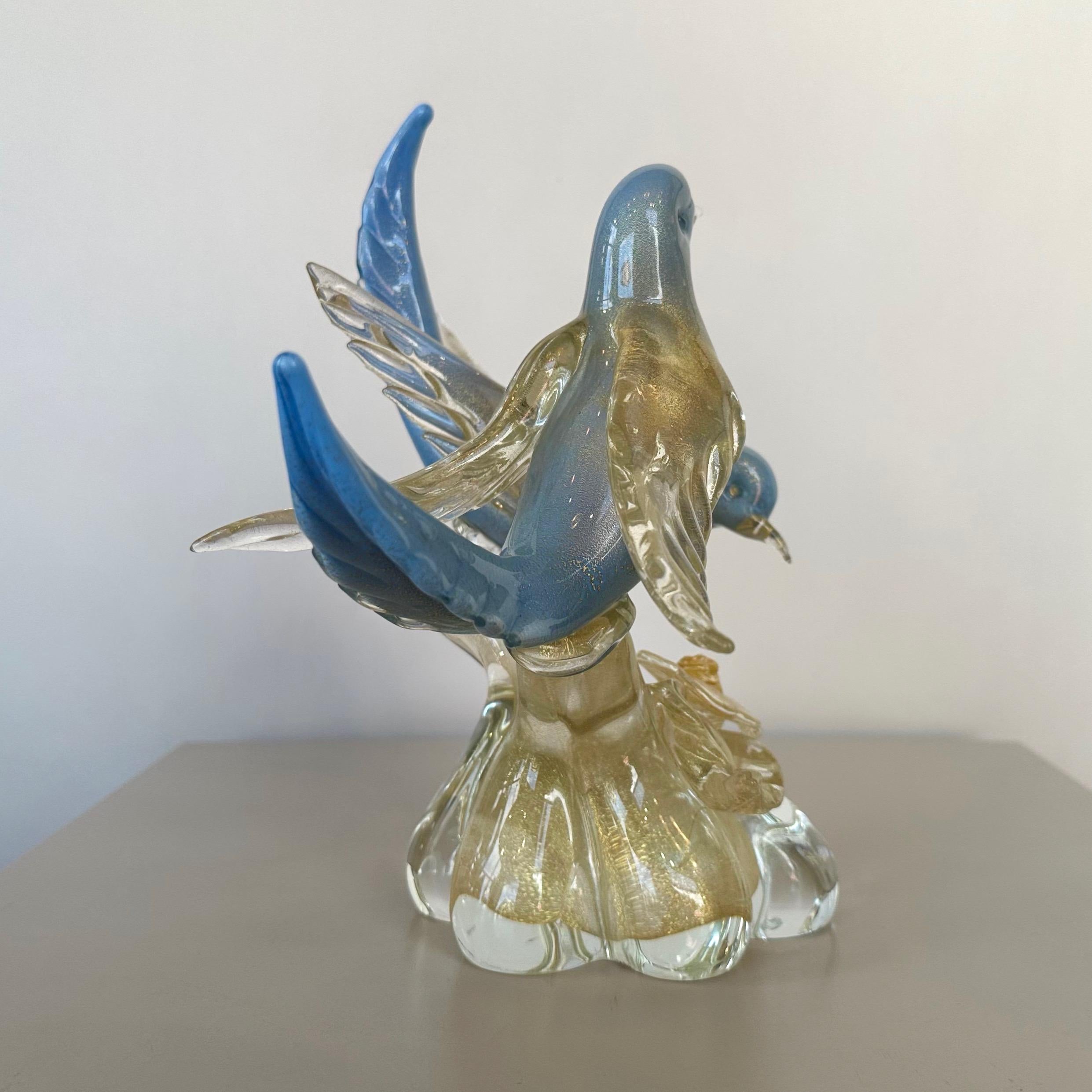 Mid-20th Century Alfredo Barbini for Salviati Murano Glass Blue Bird Pair with Gold Flecks, 1950s